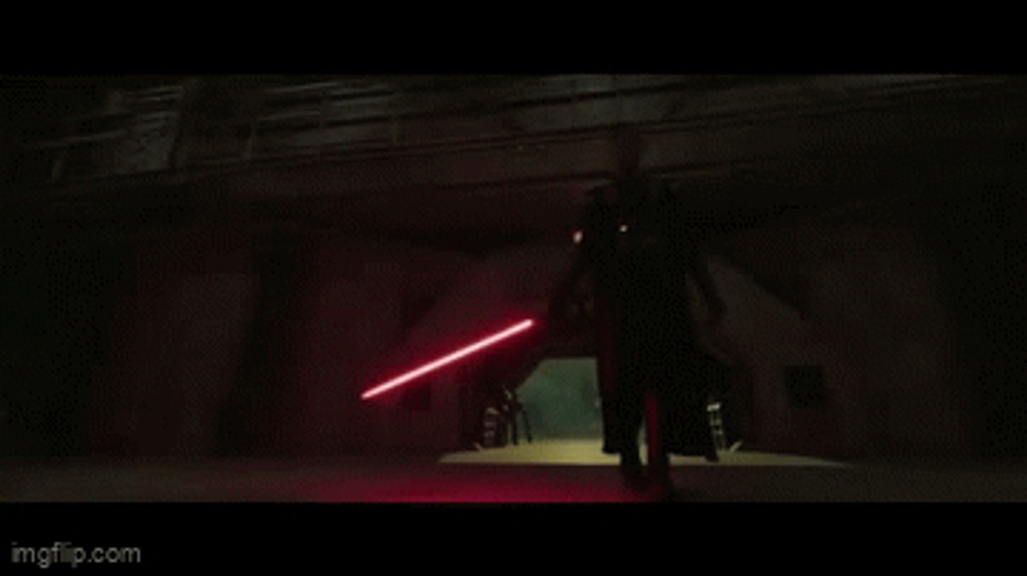 Animated GIF showing scenes from the TV series Obi Wan Kenobi: adult Reva stalks and stabs the Grand Inquisitor.