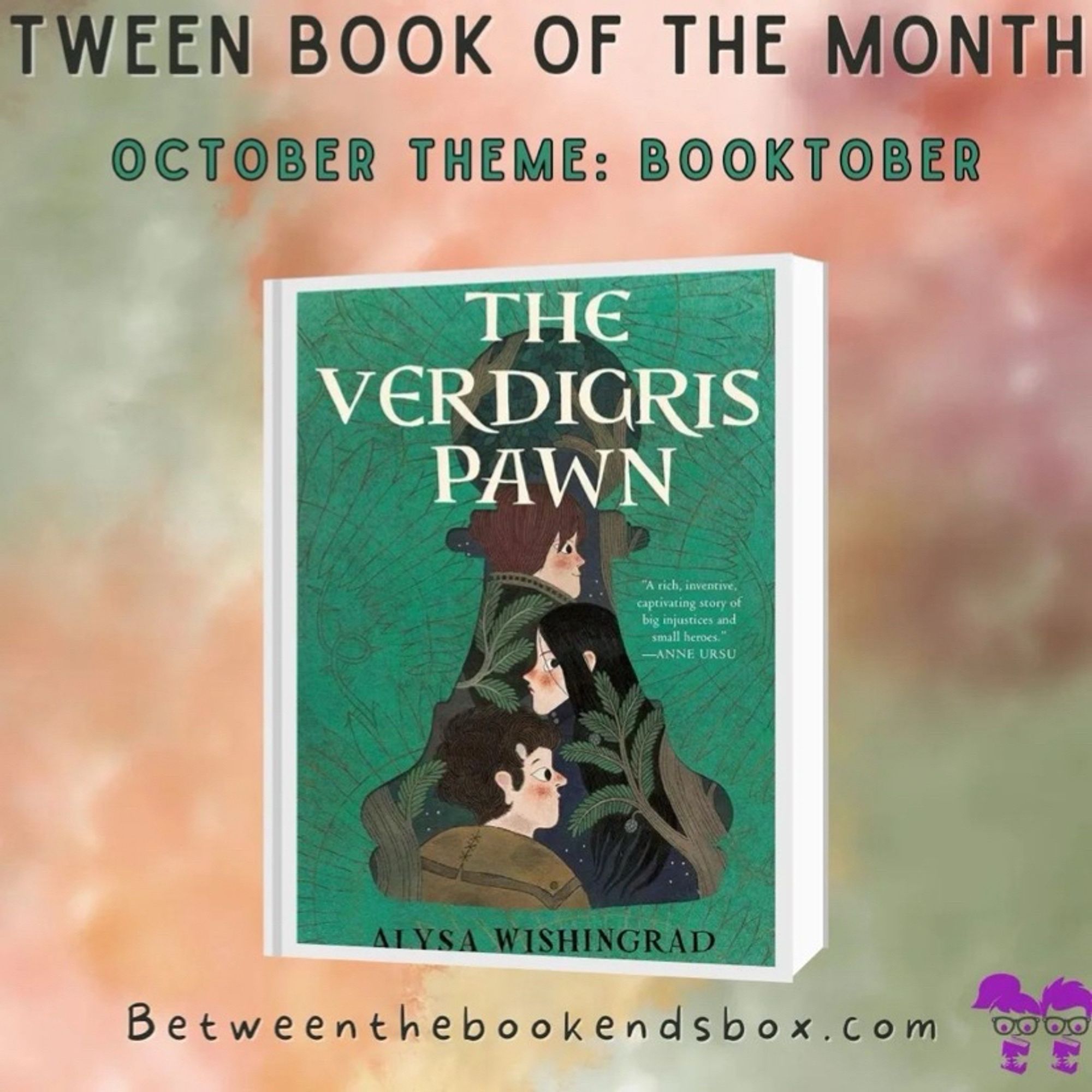 A banner reads: October Theme Booktober agains a blurry orange and green background. In the center of the image is The cover of the book. The cover  is green with a large pawn cut outshape with 3 kids faces on it. The title of the book is The Verdigris Pawn.