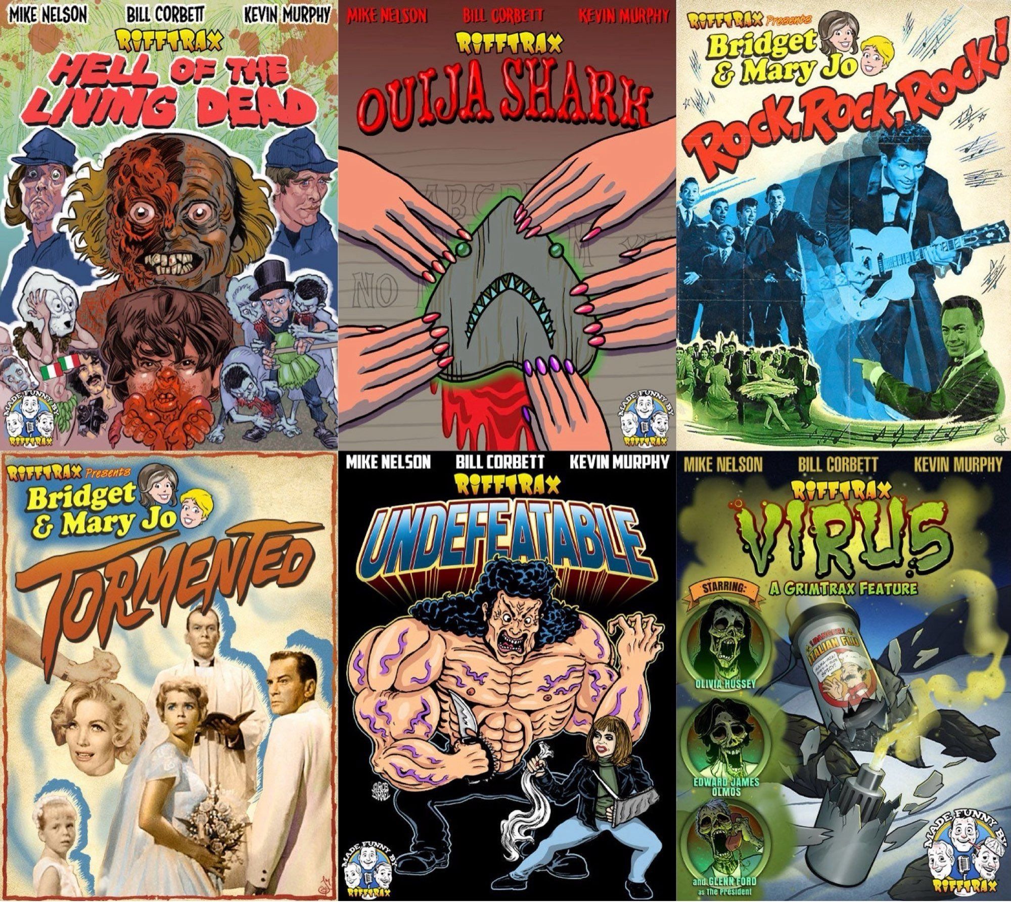 Covers of the six RiffTrax movies I bought.