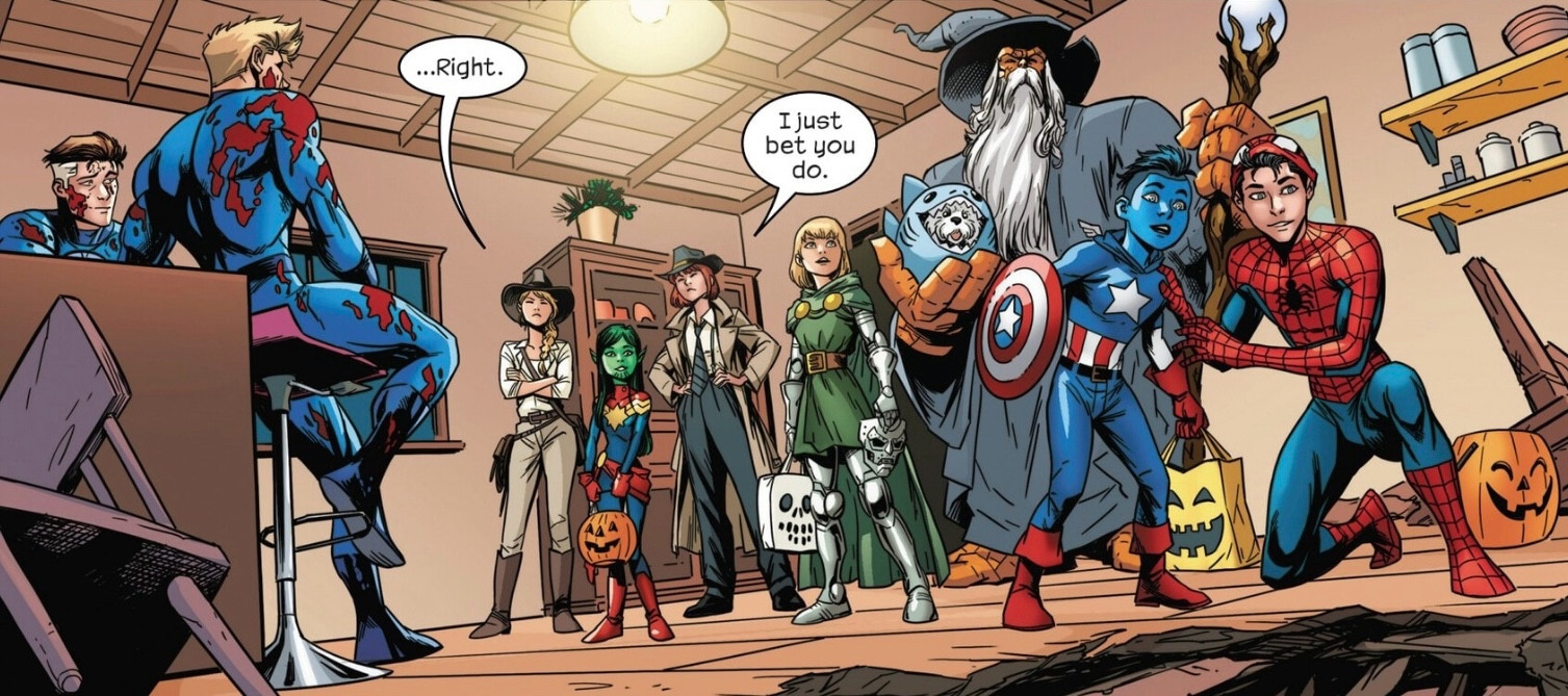 The entire FF family in their Arizona house. There is a big hole in the floor. Left to right: Reed and Johnny in blood soaked FF uniforms. Facing them are:
Sue dressed as an Indiana Joe style adventurer saying “…Right.”
Ben and Alicia’s adoptive daughter N’Kalla as Captain Marvel
Alicia as a hard boiled detective saying “I just bet you do.”
Valeria as Doctor Doom
Ben as Gandalf the Wizard holding their dog Princess dressed as Jeff the Shark
Ben and Alicia’s adoptive son Jo-Venn dressed as Captain America
Franklin dressed as Spider-Man
📝Ryan North
🖼Ivan Fiorelli
🎨Brian Reber 
🔠VC’s Joe Caramagna