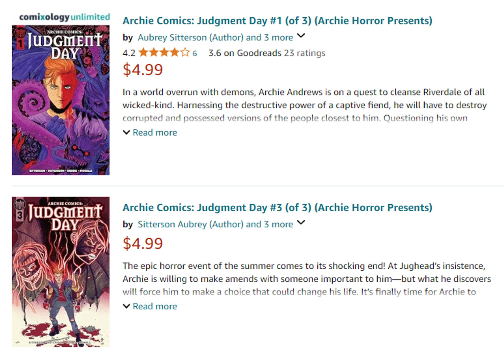 Screenshot from Comixology showing only issues 1 and 3 for Judgment Day.