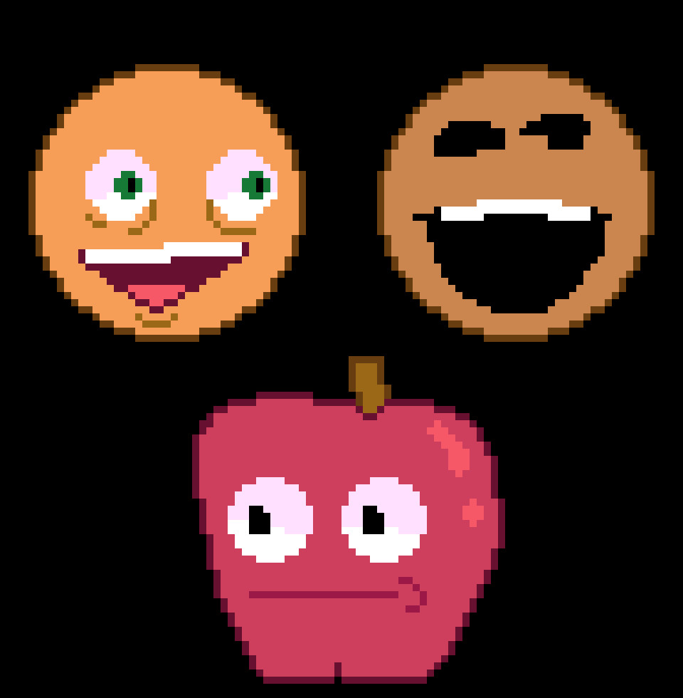 Sprite art of "Orange" and "Apple" as they appear in "Rotten Smoothie" from the "Amazing Grace" mod for Friday Night Funkin' which parodies the "Jeffy's Endless Aethos" mod