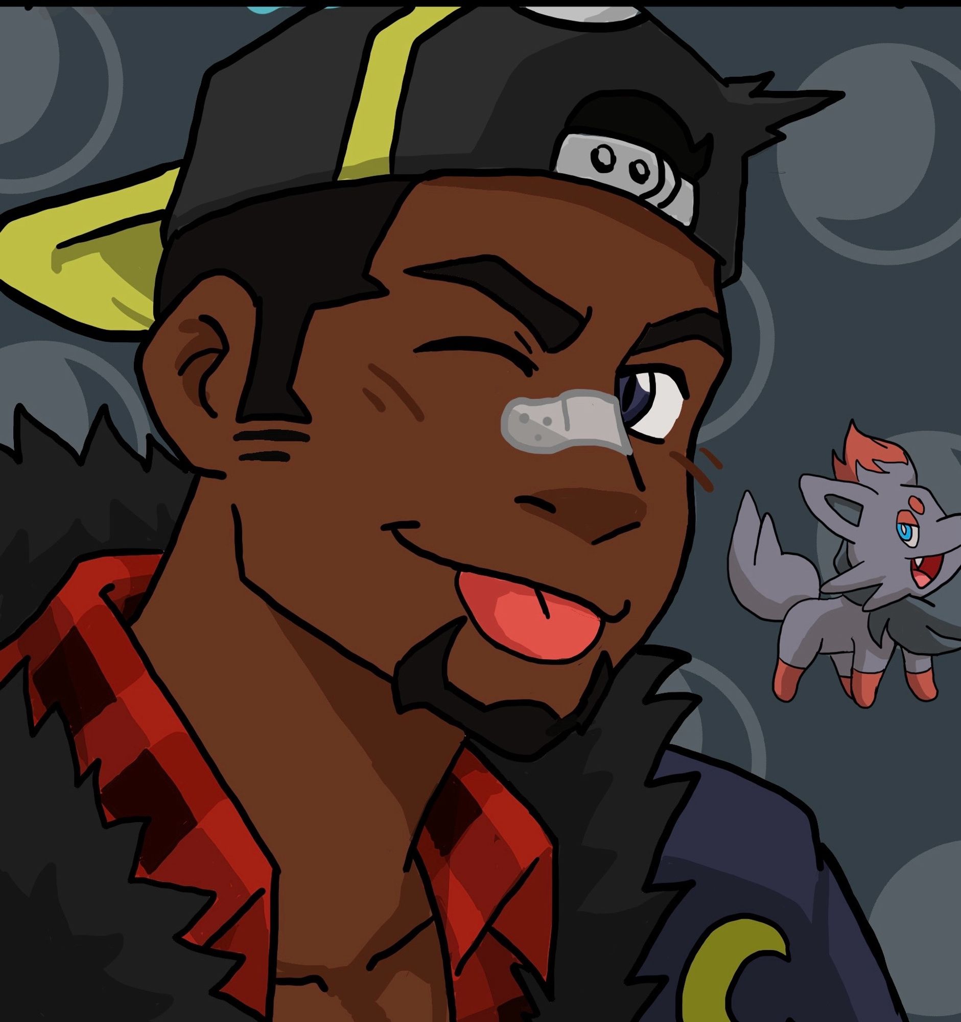 A picture of a thin black man in a backwards cap thats similar to am ultra ball. He wears a fur coat with a crescent moon on the side and a plaid under shirt. There's a bandaid on his knows to show how scruffy he is and he sports a goatee as well