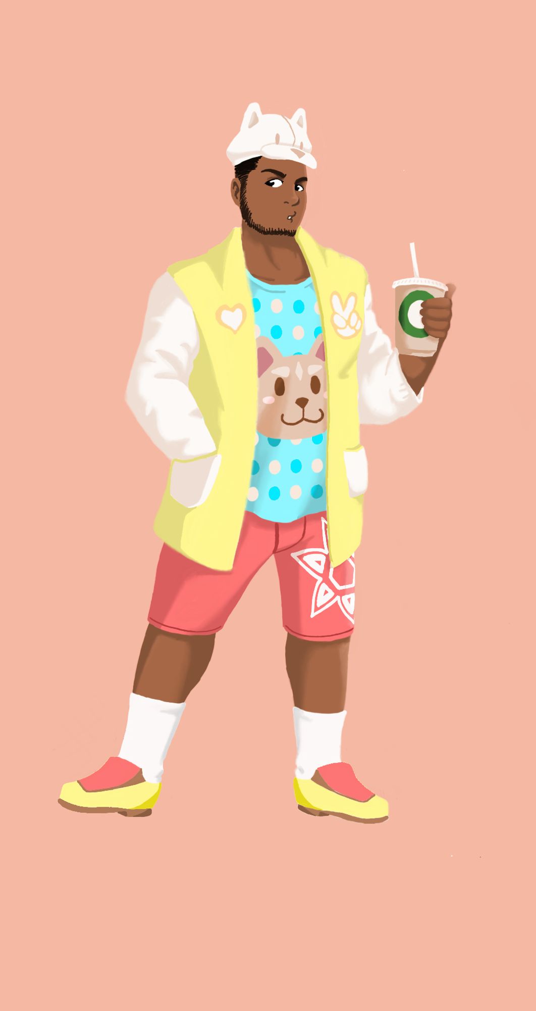 Black man in pajama with a hat that is in the form of a chibi husky head and shirt underneath that depicts the face of a husky. The piece depicts pastel red, yellow and blue.