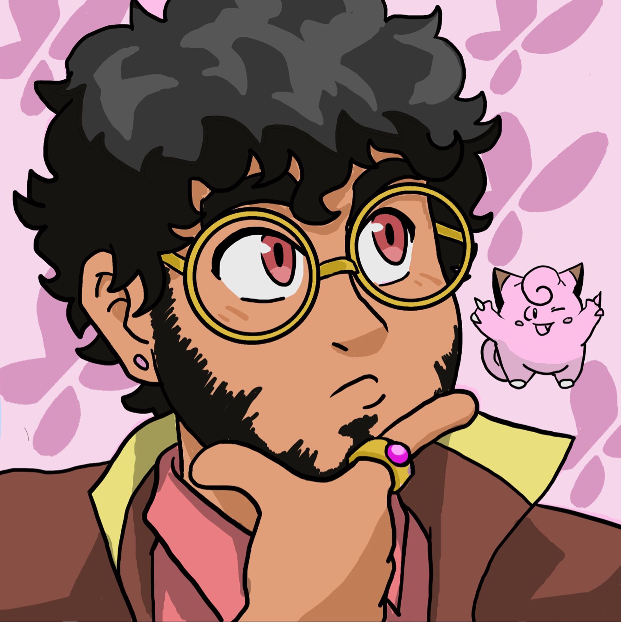 A drawing depicting a mixed guy who has big curly black hair, gold round glasses, and a beard. Posed to be thinking from the shoulders up with their index and thumb on their chin and a gold ring with a pink gem on the index finger. They’re drawn in the Pokémon art style and is seen to be wearing a light brown trench coat with a yellow brim and a pink collared undershirt. To the right of the picture is a clefairy.