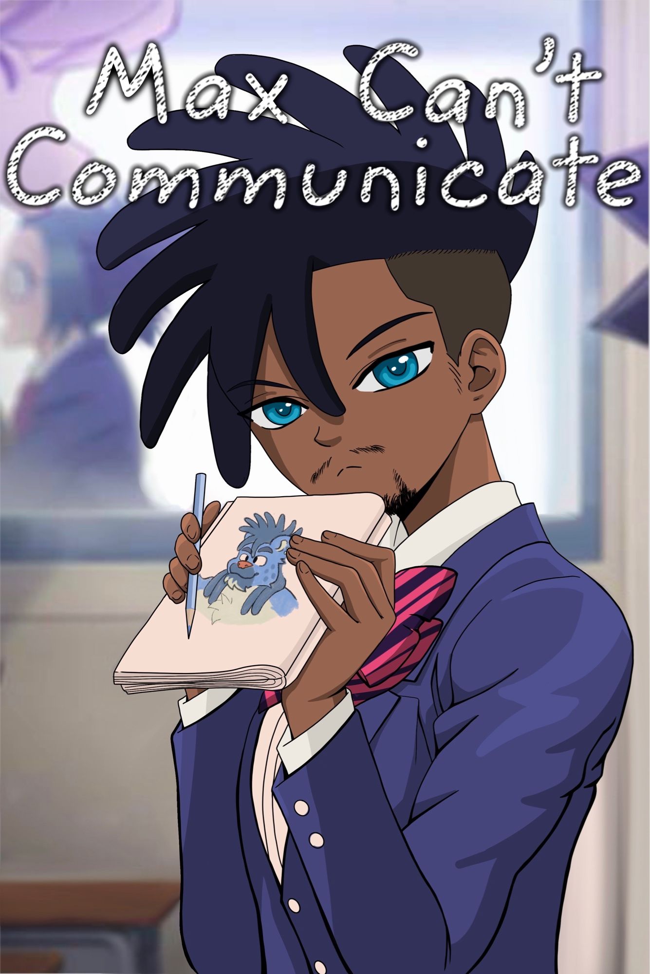 Black guy drawn in the style of the anime: “Komi can’t communicate.” He’s holding a book with a sketch of a blue hyena which is this accounts fursona.