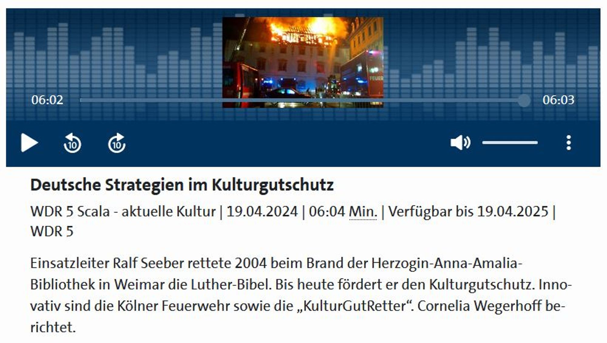 Screenshot der WDR-Mediathek mit Aufmacher für die Scala-Sendung vom 19.04.2024: "Deutsche Strategien im Kulturgutschutz".