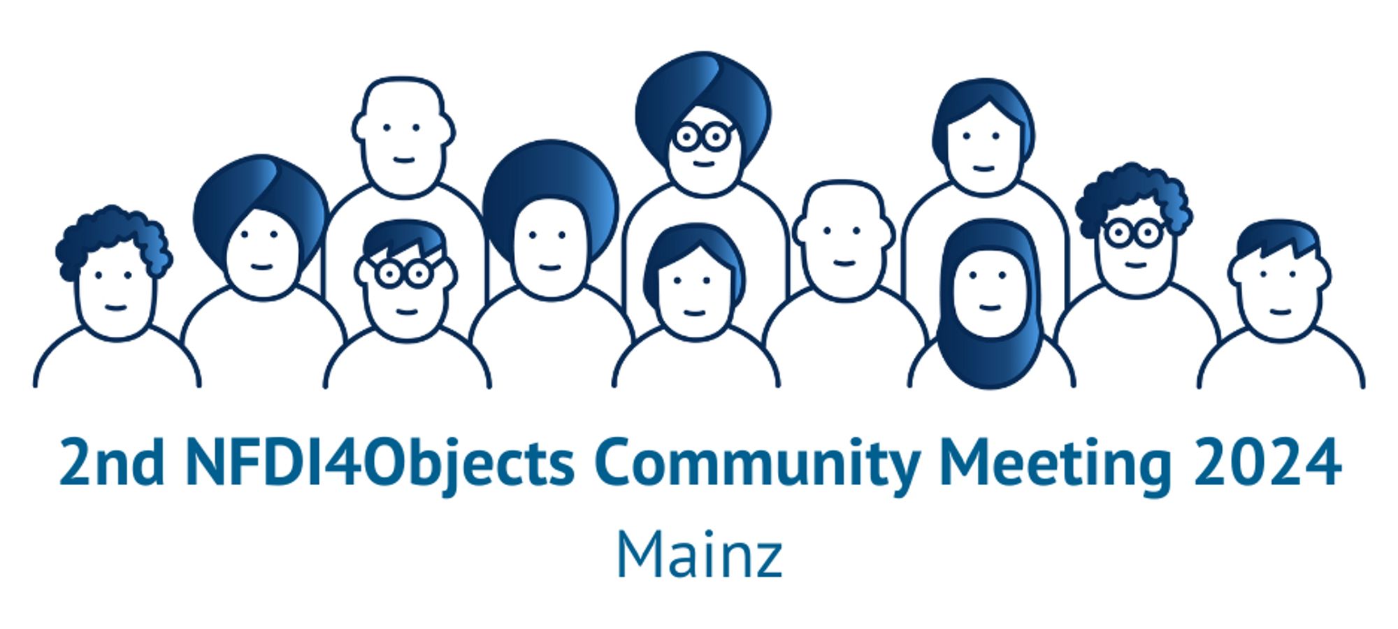 Grafik, die eine Gruppe unterschiedlicher Menschen als gezeichnetes Gruppenportrait zeigt. Darunter der Schriftzug: "2nd NFDI4Objects Community Meeting 2024. Mainz"