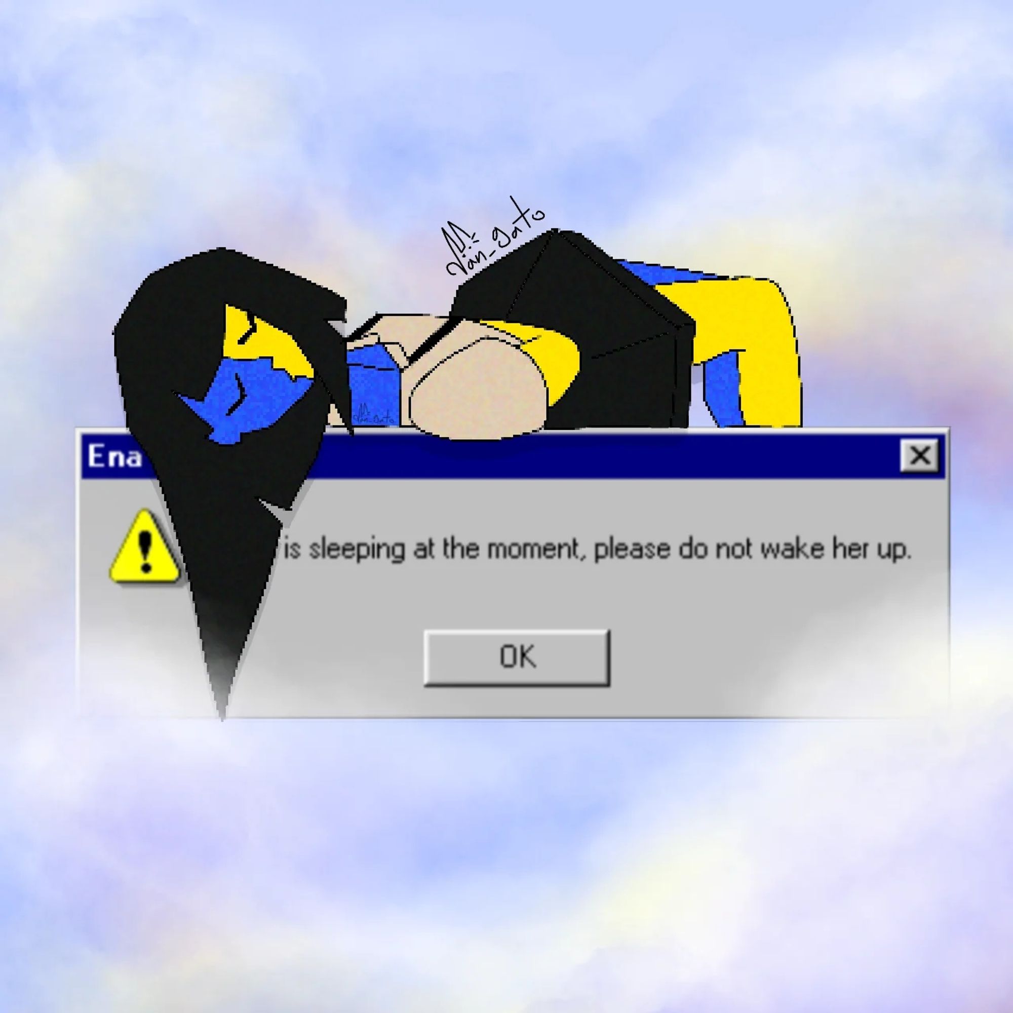 ENA a blue and yellow webcore entity created by Joel G, laying on a windows XP error box that states she is sleeping and also says not to wake her up.