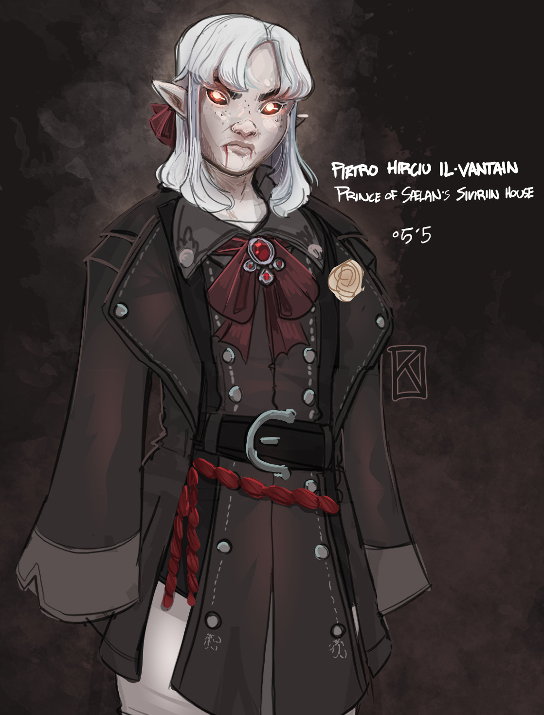 Pietro, a silver-haired vampire with glowing orange eyes, blood drippin' from his pouty mouth and a red ribbon tying back his hair. He's wearing a heavy overcoat with long sleeves, as well as a tunic underneath it, tied up by a big belt and decorated with another red ribbon around his neck.