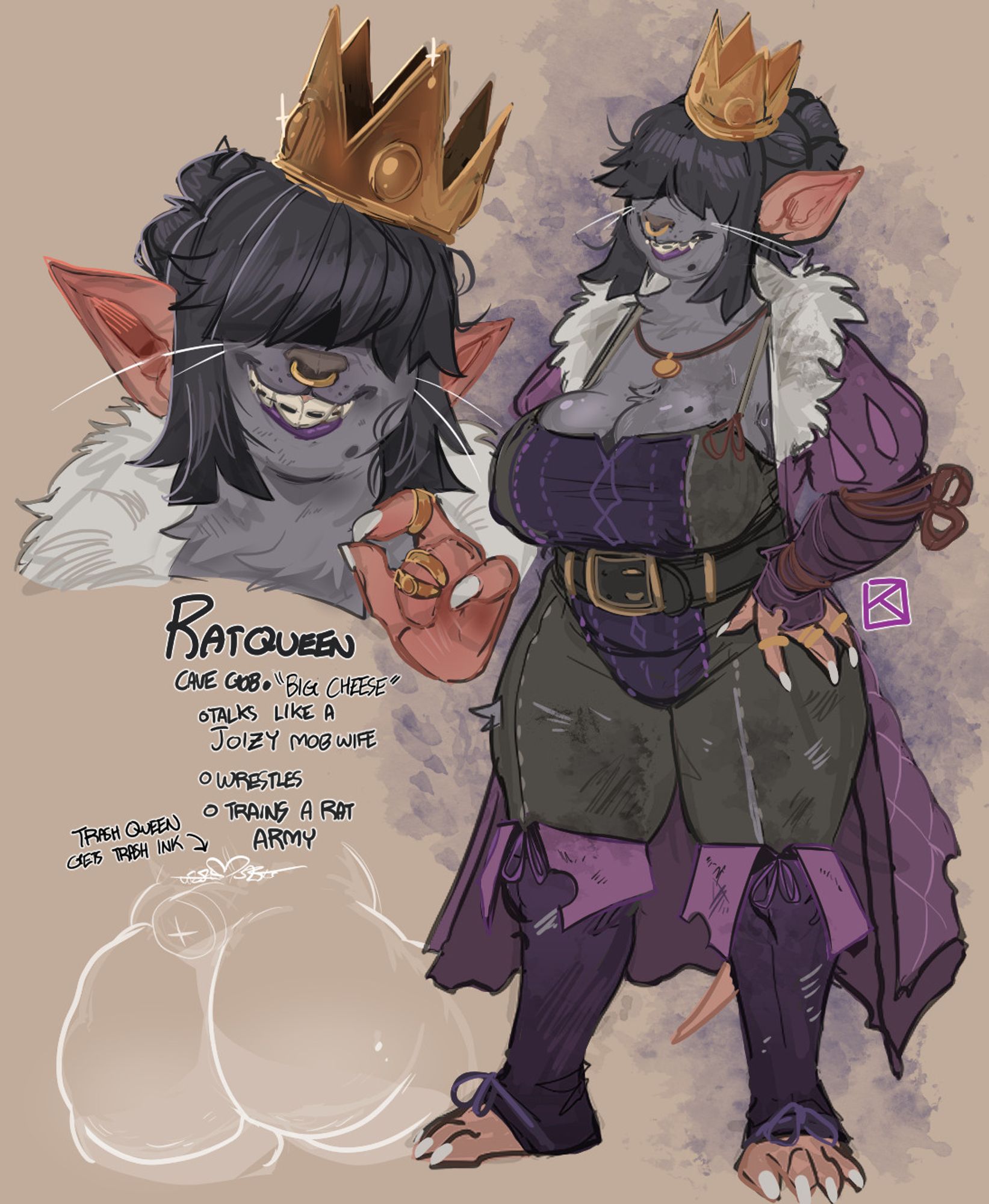 A stout and chesty rat-ish goblin woman, with bangs covering her eyes, a tilted gold crown and a big, ratty purple robe with a fur collar. Her nose is pierced with a ring and her chin is marked by a big mole. She wears a legged romper with a big belt in the middle.