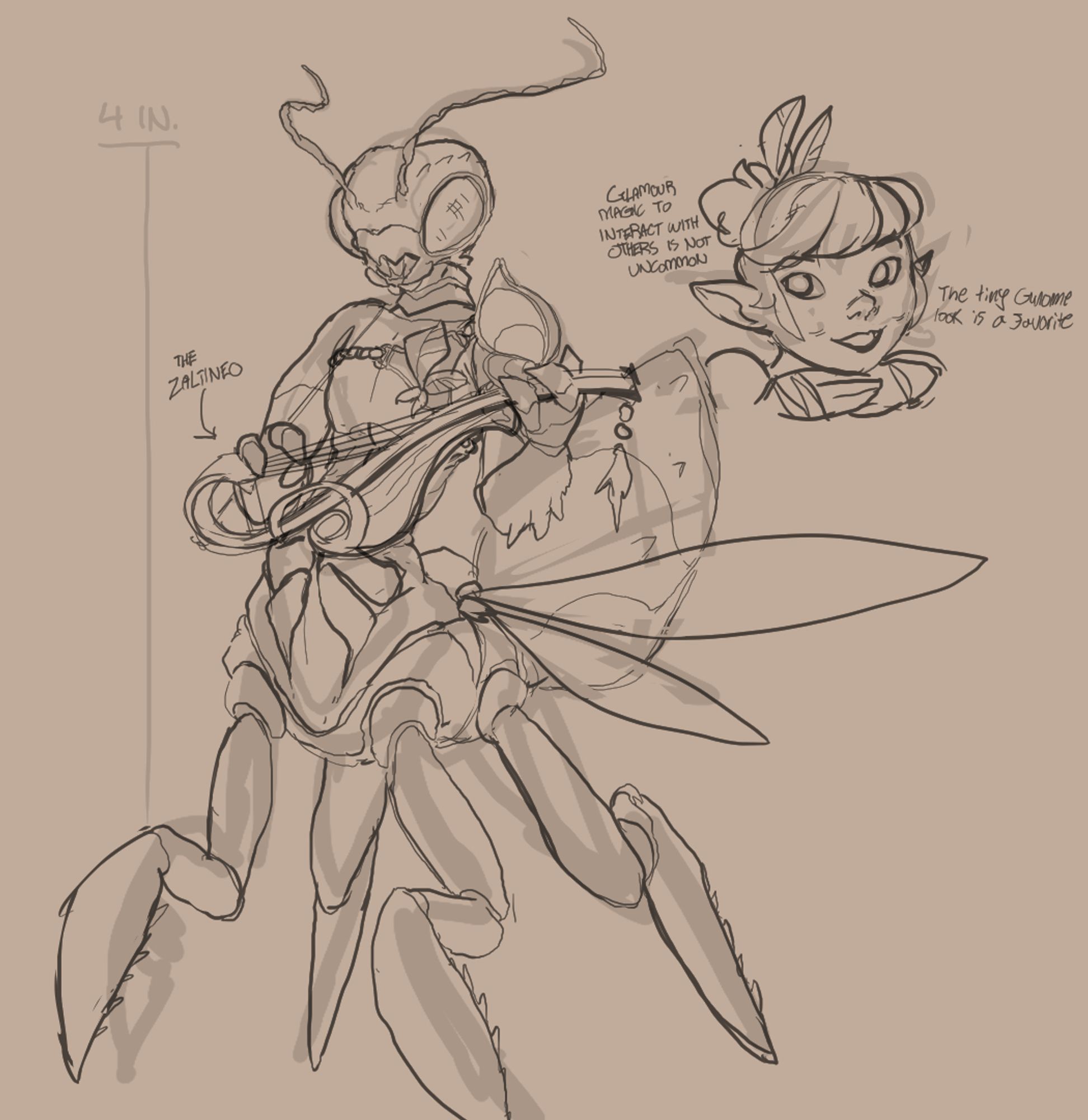 A 4-inch tall anthropomorphic mantis creature with 4 legs and 2 arms like a centaur. It wears a single shoulder pad of armor and carries a little stringed instrument. Next to it, a portrait of a much friendlier looking disguise, more in-line with classical fairies.