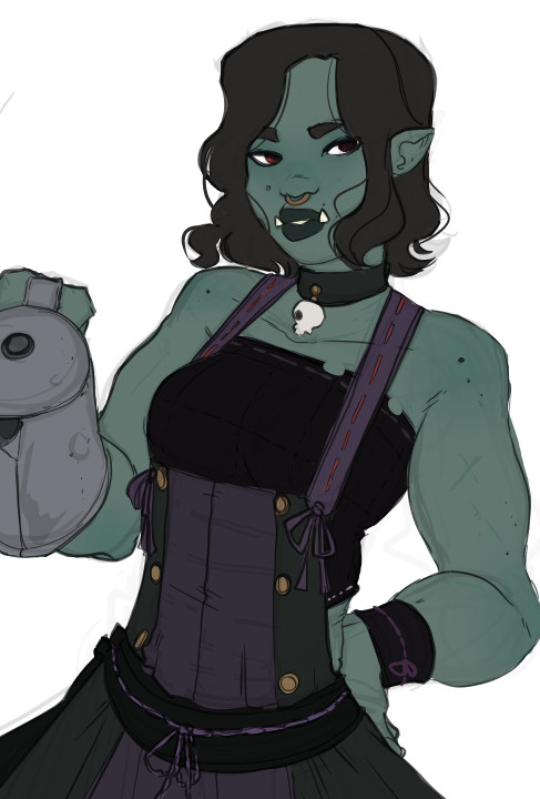 A waist-up drawing of a bob-cut orc girl. She's got a septum piercing, a skull-decorated choker and a pitcher ready to pour. She wears a cropped tube top that's assisted by her purple apron. Her arms are kinda toned.