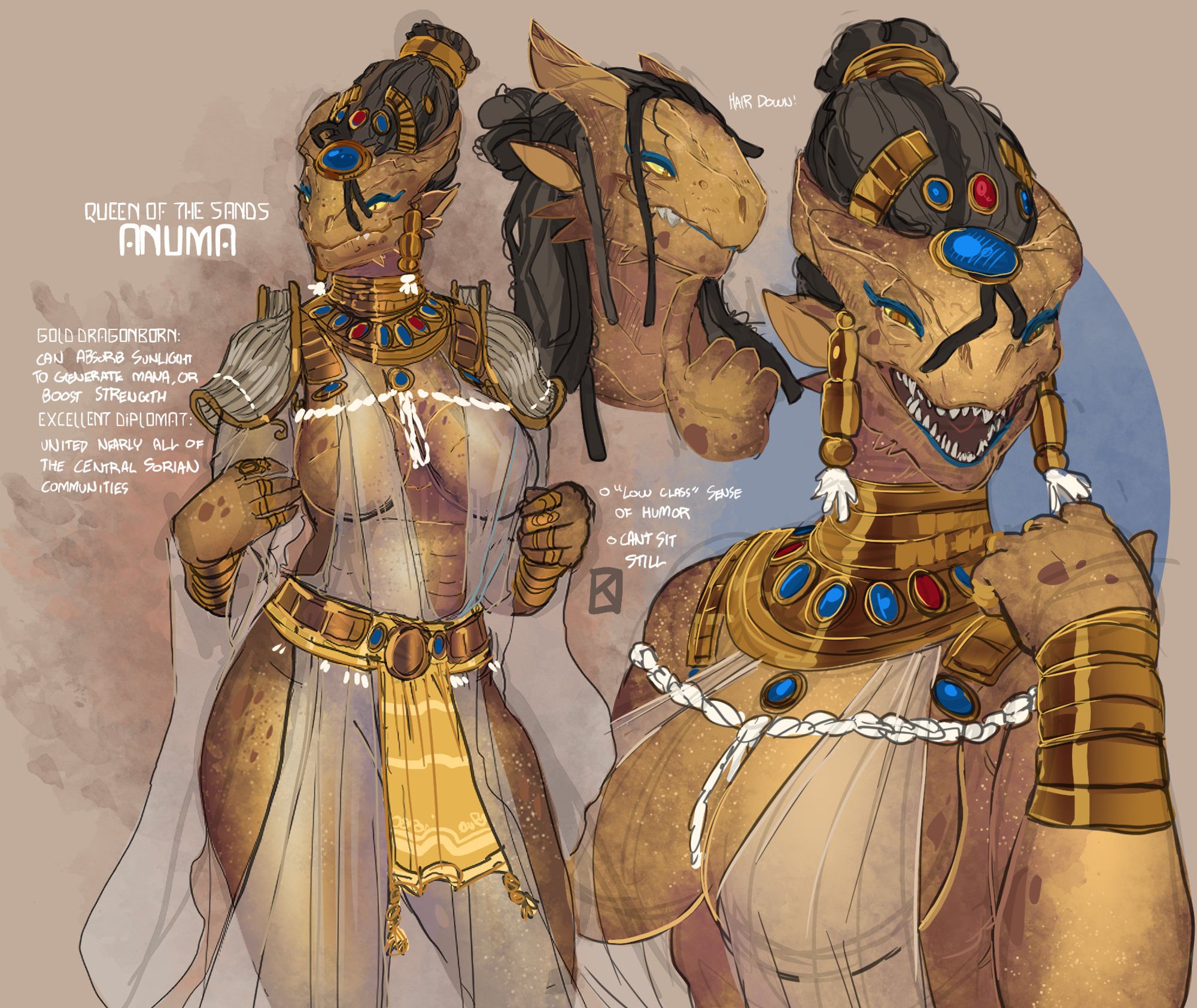 Three portraits of a gold-scaled dragon woman wearing sheer fabrics and gold adornments on her belt, neck and head. She has blue eyeliner and lipstick as well as ash brown dreadlocks she keeps in a high knot.