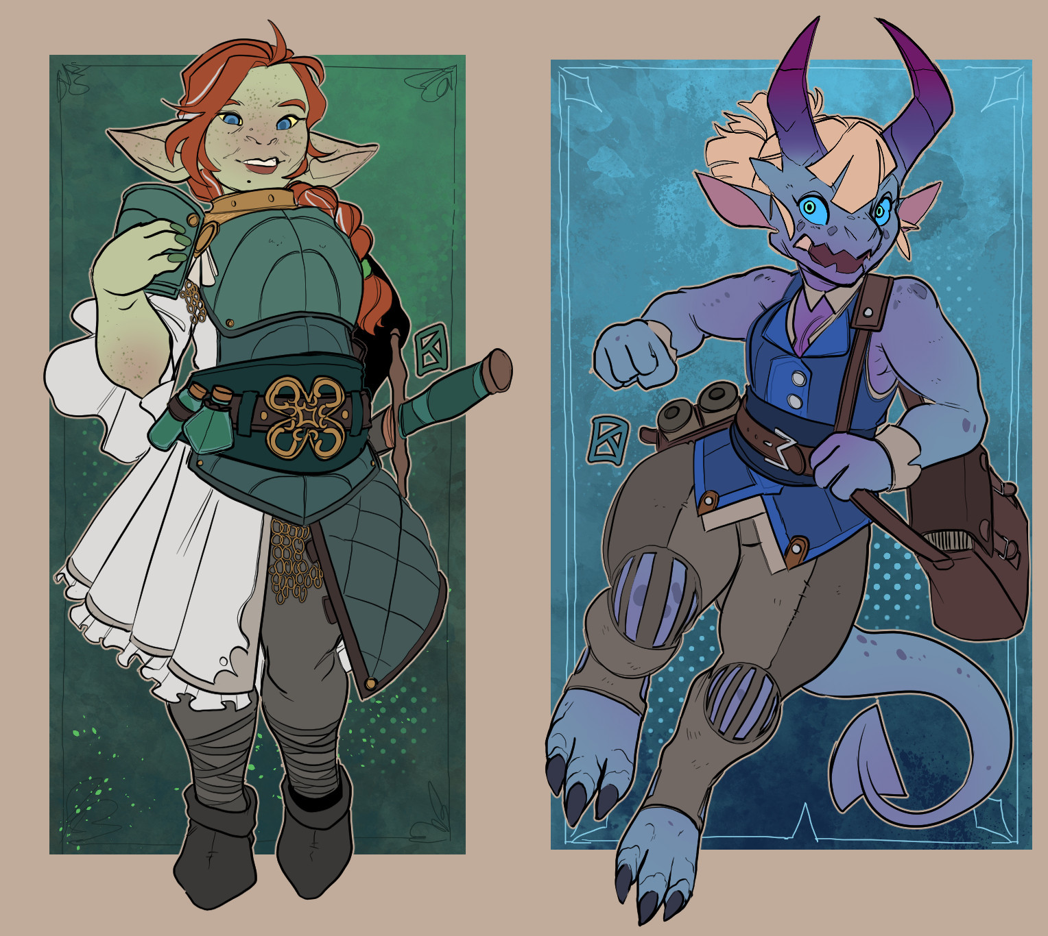 An older goblin woman with grey-streaked orange hair in a braid, wearing green leather armor with frillier dress pieces spilling out from underneath, a large gold clover sat on her belt. Next to her, a purple kobold girl with large deep purple horns jutting up out of her head. She wears a blue vest and sandy colored pants, carrying a leather tote and scroll case.