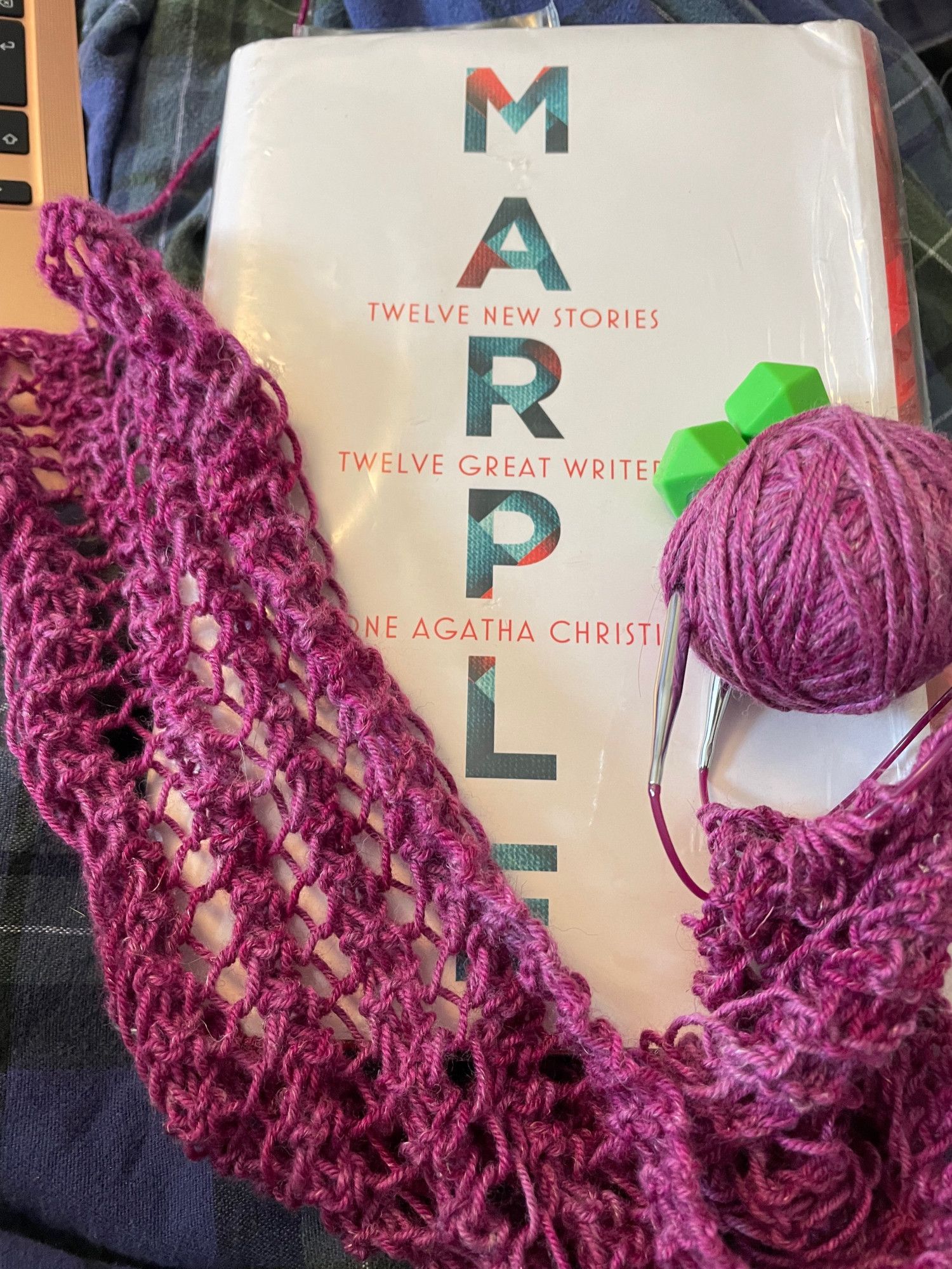 A vibrantly pinkish-purple lace scarf in progress has been laid across the library book