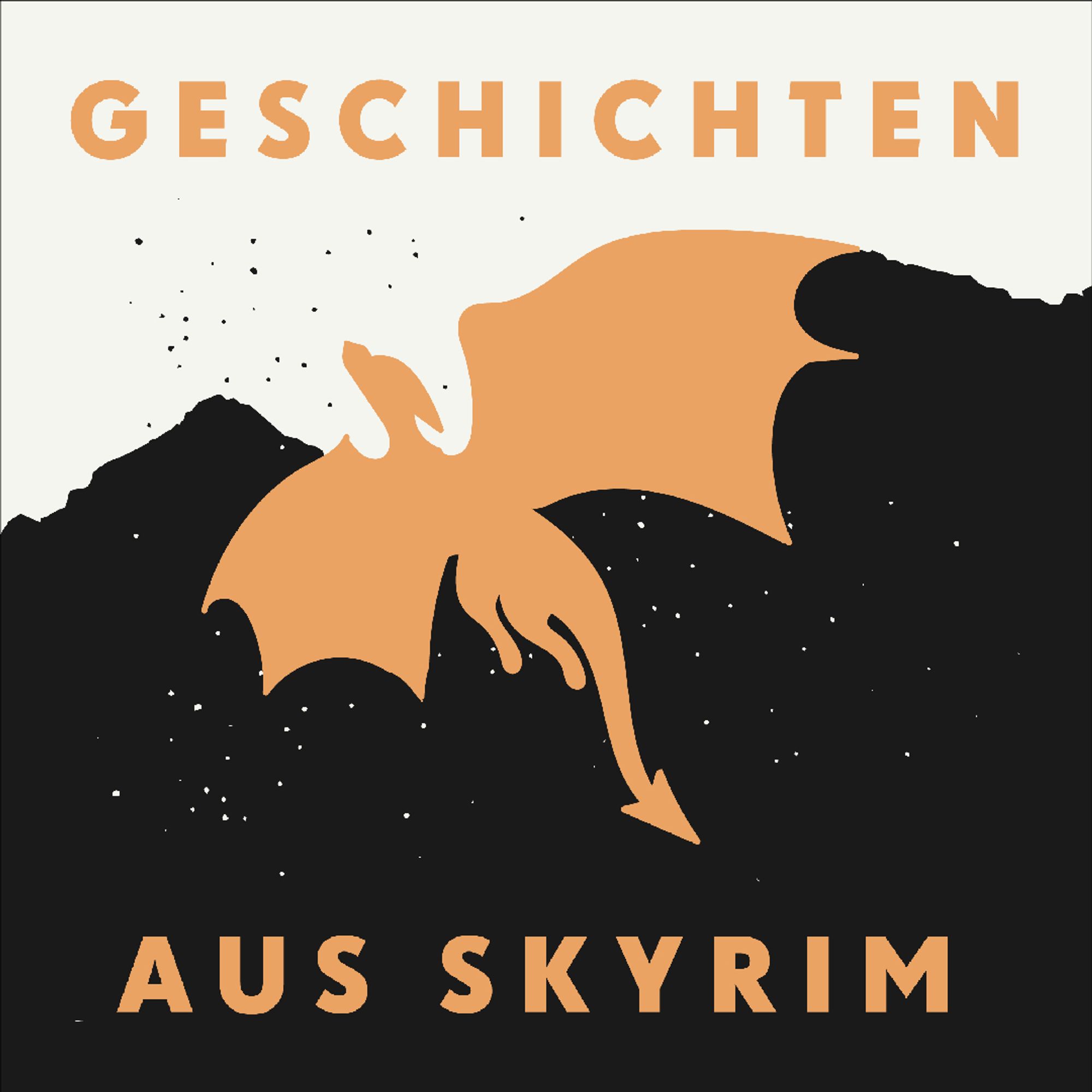 Die orangefarbene Silhouette eines Drachen erhebt sich mit ausgebreiteten Flügeln gen Himmel. Dahinter ist die schemenhafte Abbildung eines dunklen Bergs zu sehen. Auf dem Bild befindet sich der Text "Geschichten aus Skyrim"