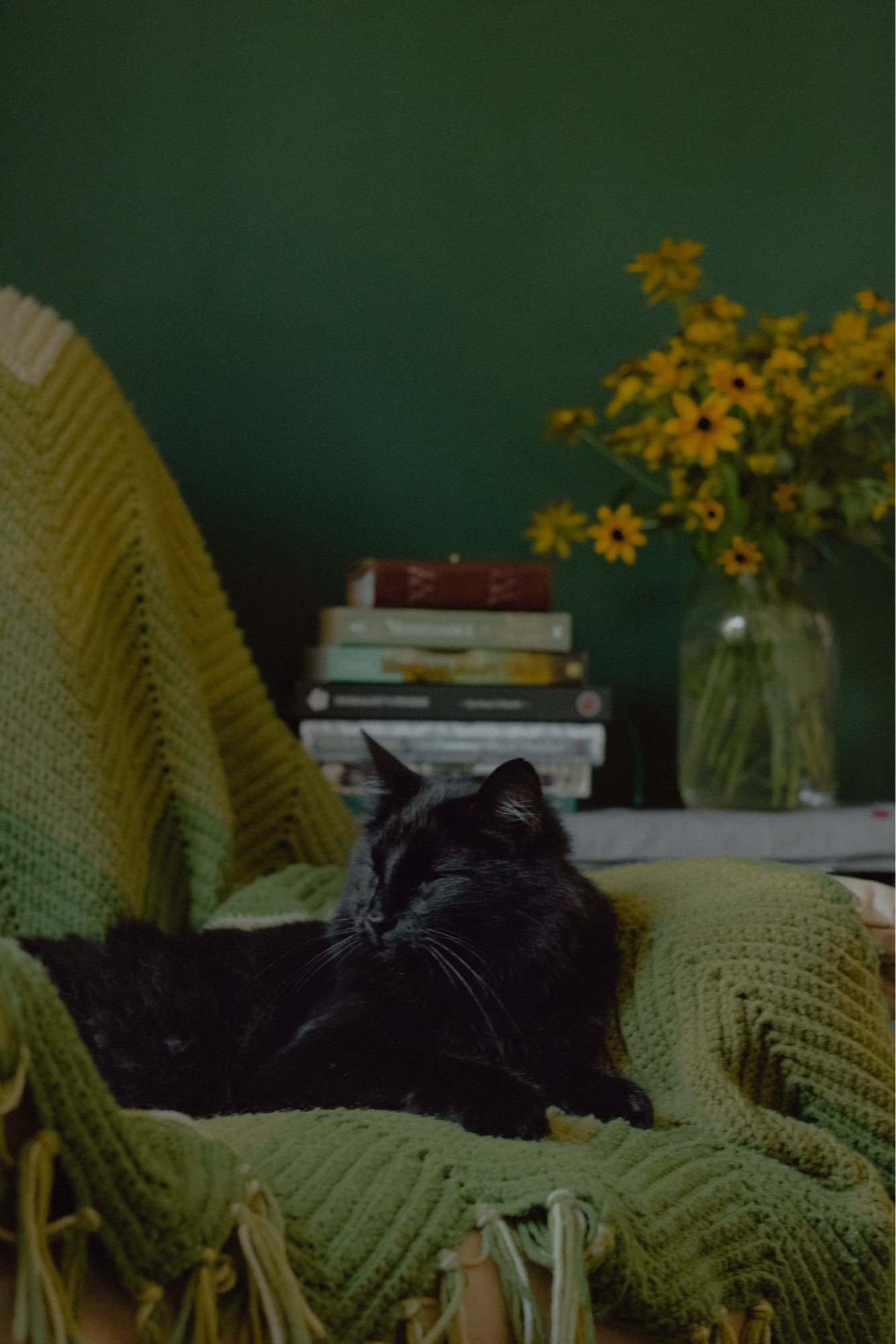 A black cat laying on a green blanket. A stack of books and fresh picked yellow flowers are in the background.