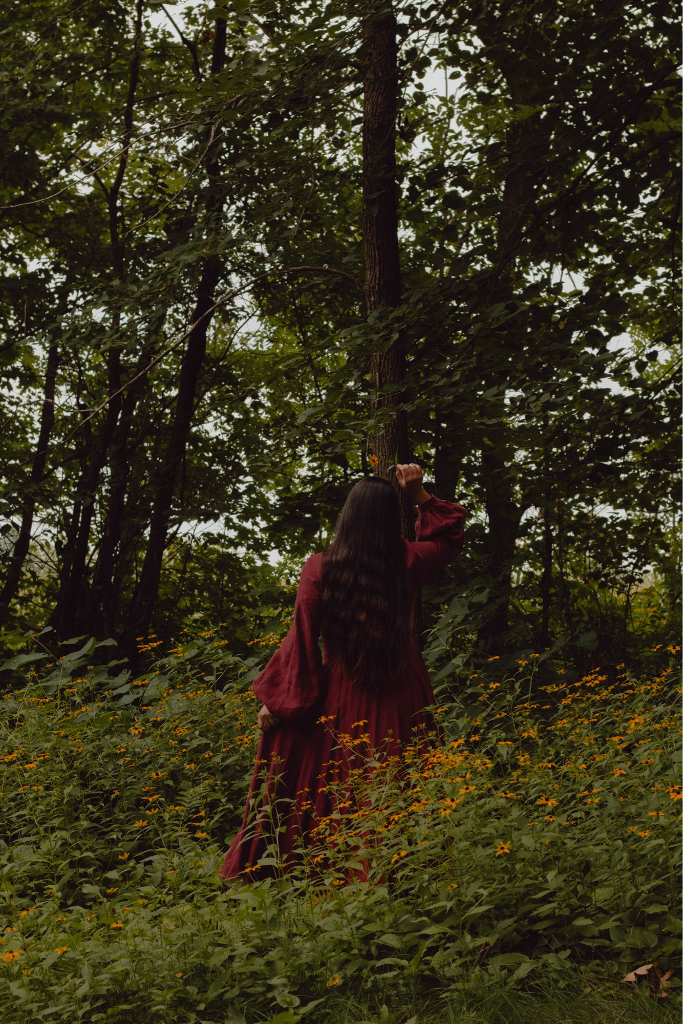 A girl in a red dress, standing among yellow flowers and trees.