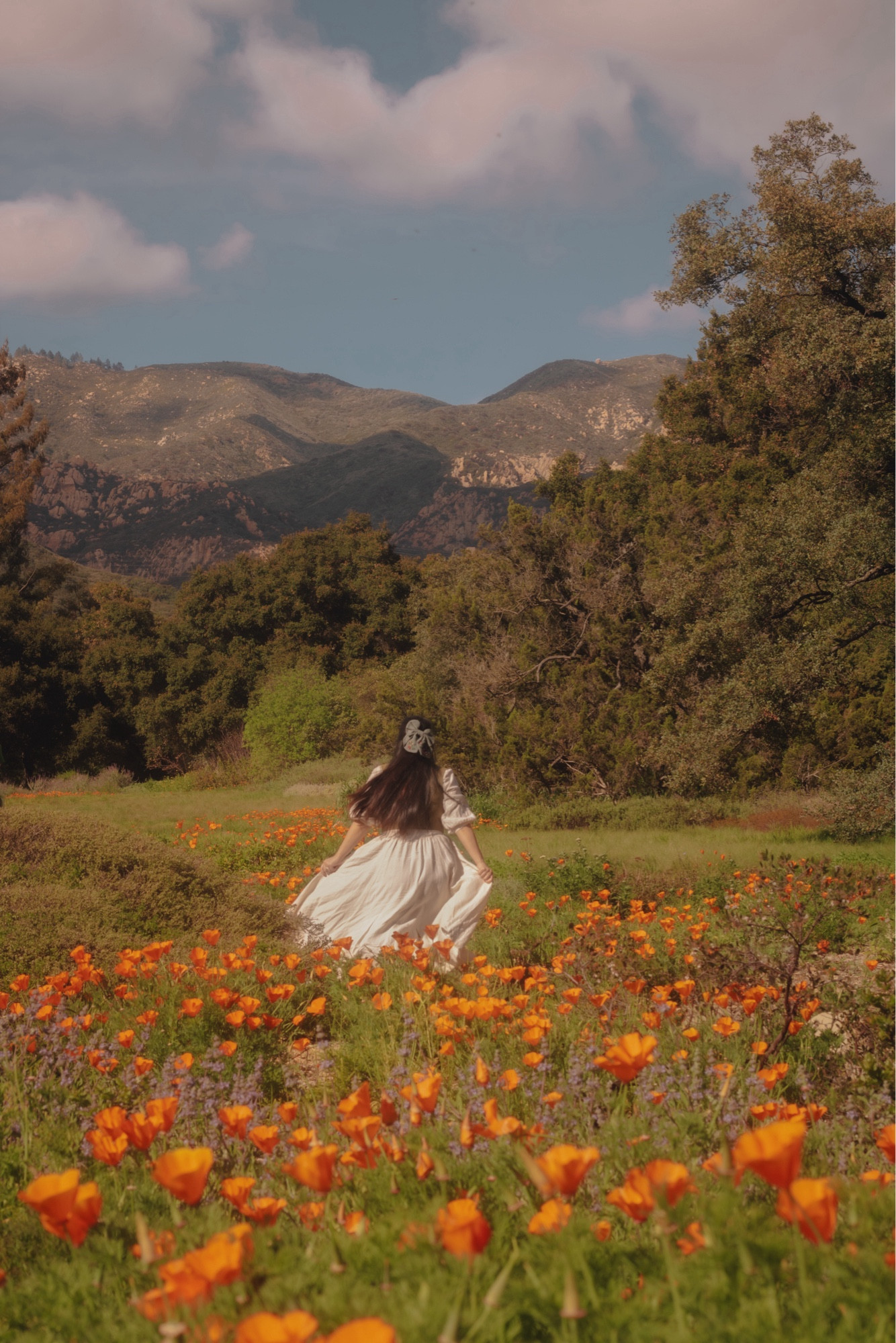 A girl in a white dress, frolicking among a field of poppies.