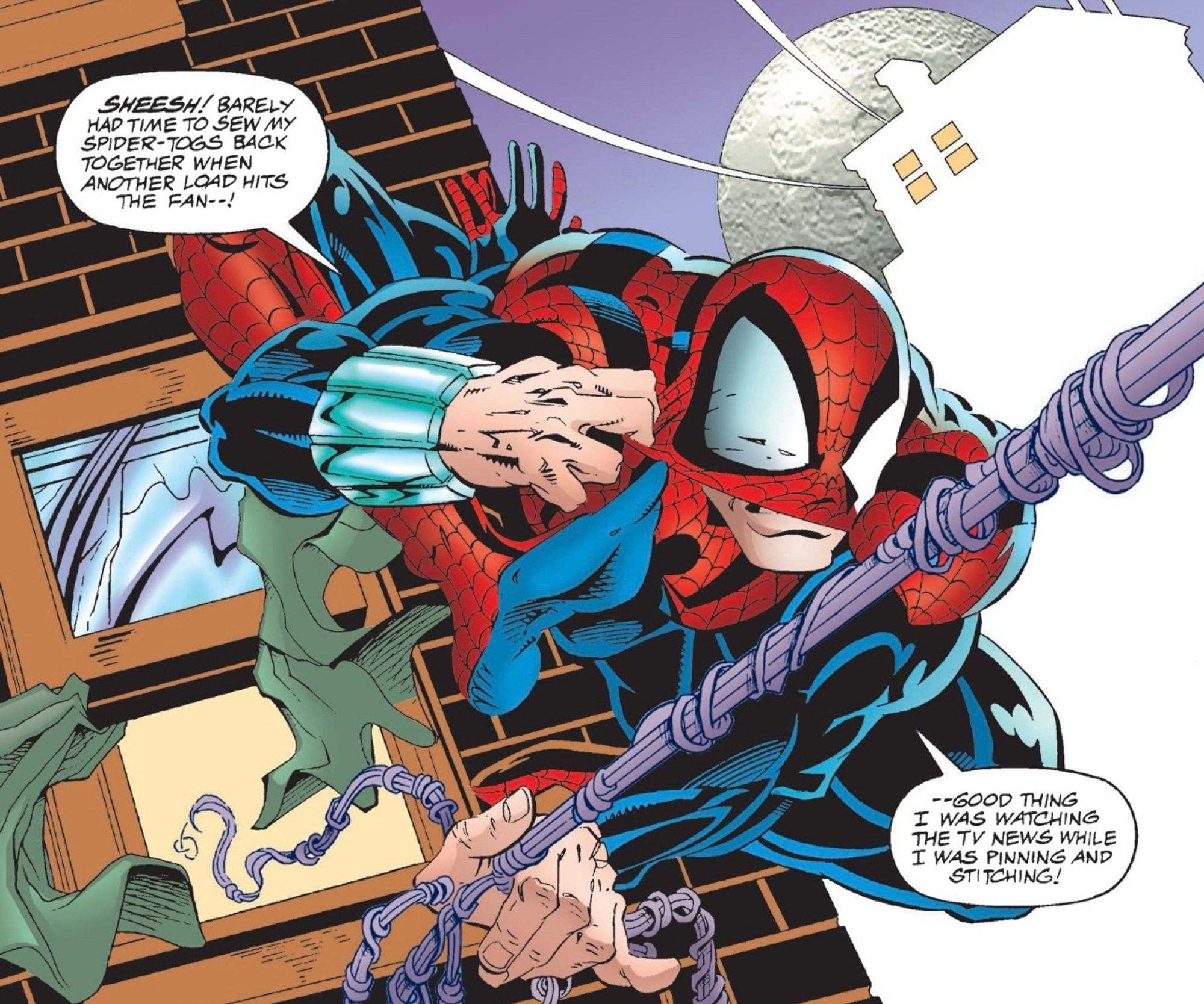 Ben Reilly putting on his mask while leaving the window of his apartment