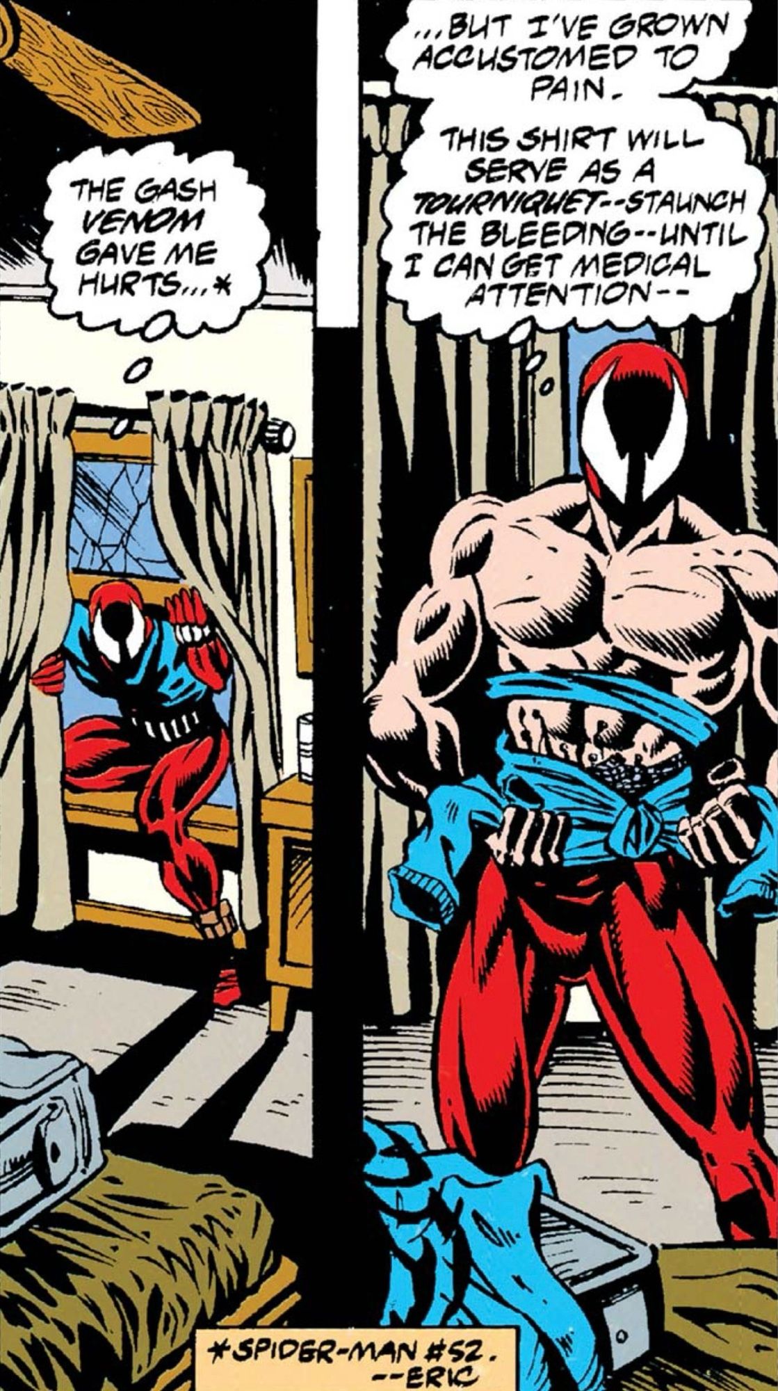 Scarlet Spider takes off his hoodie and shirt to bind his wound