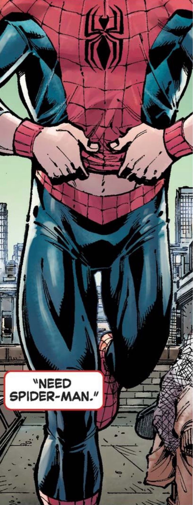 Peter putting in his Spidey costume, showing a small piece of his abs