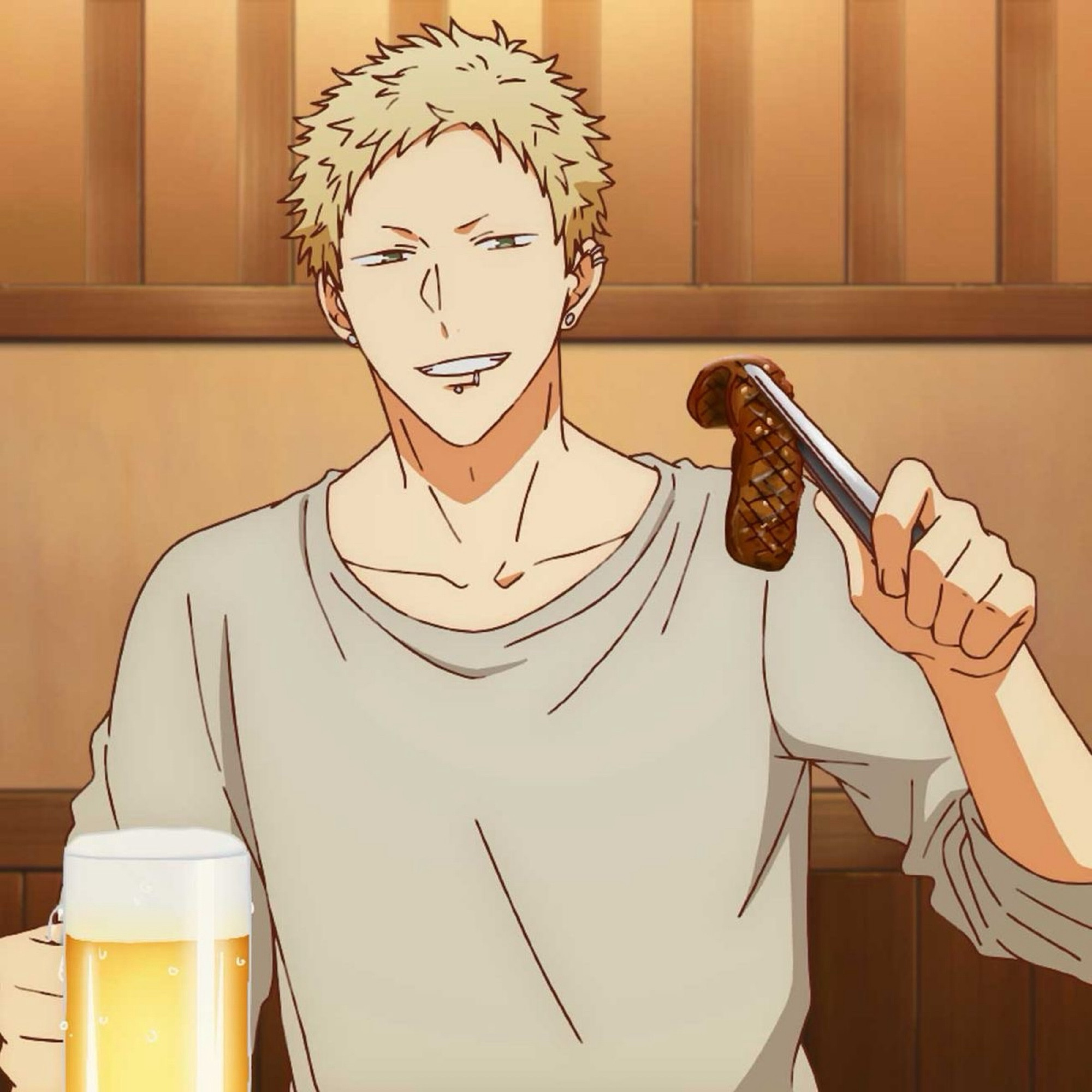 Akihiko Kaji from Given (anime) with beer and meat