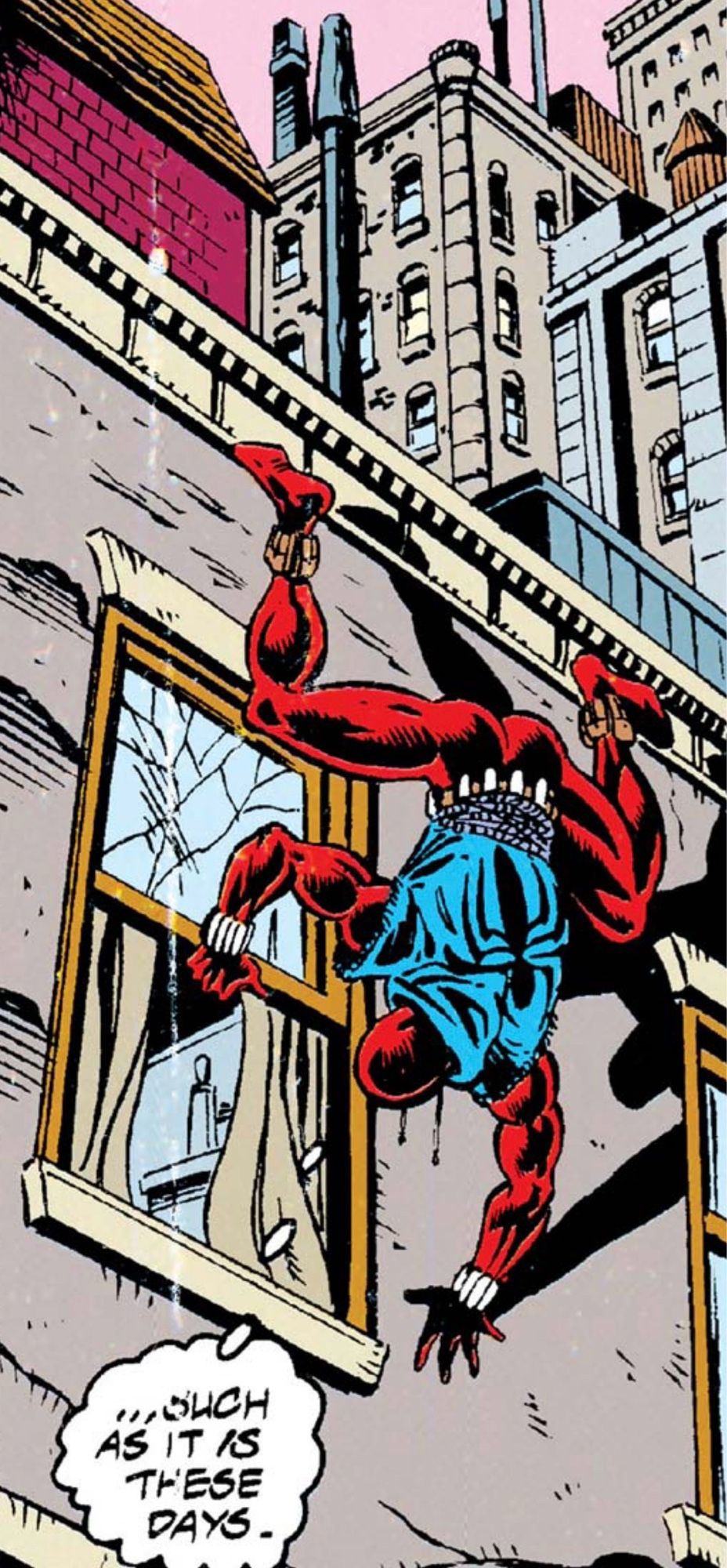 Scarlet Spider crawls back to his place using the window