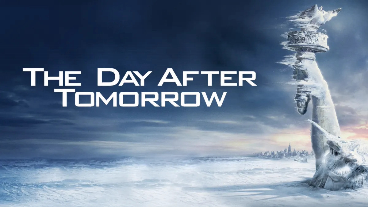 The Day After Tomorrow, key visual art, showing large planes of snow, an icy part of Lady Liberty, and a silent city in the background