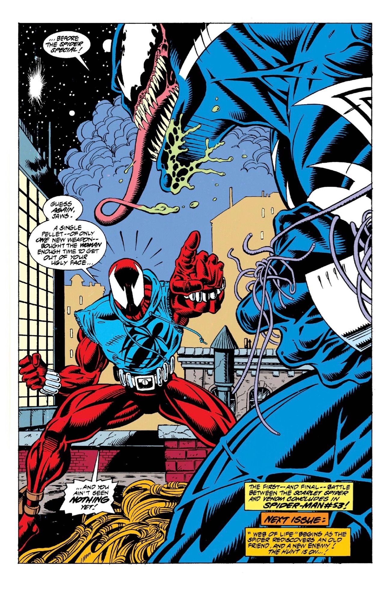 Scarlet Spider pointing at Venom