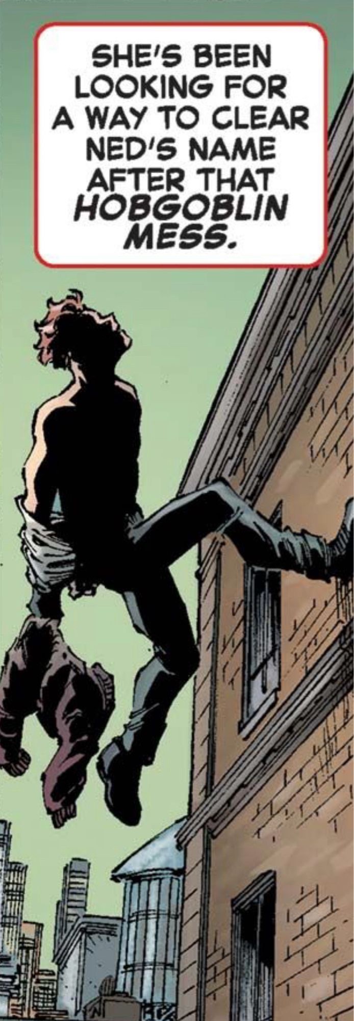 Shirtless Peter running up the wall while taking off his clothes