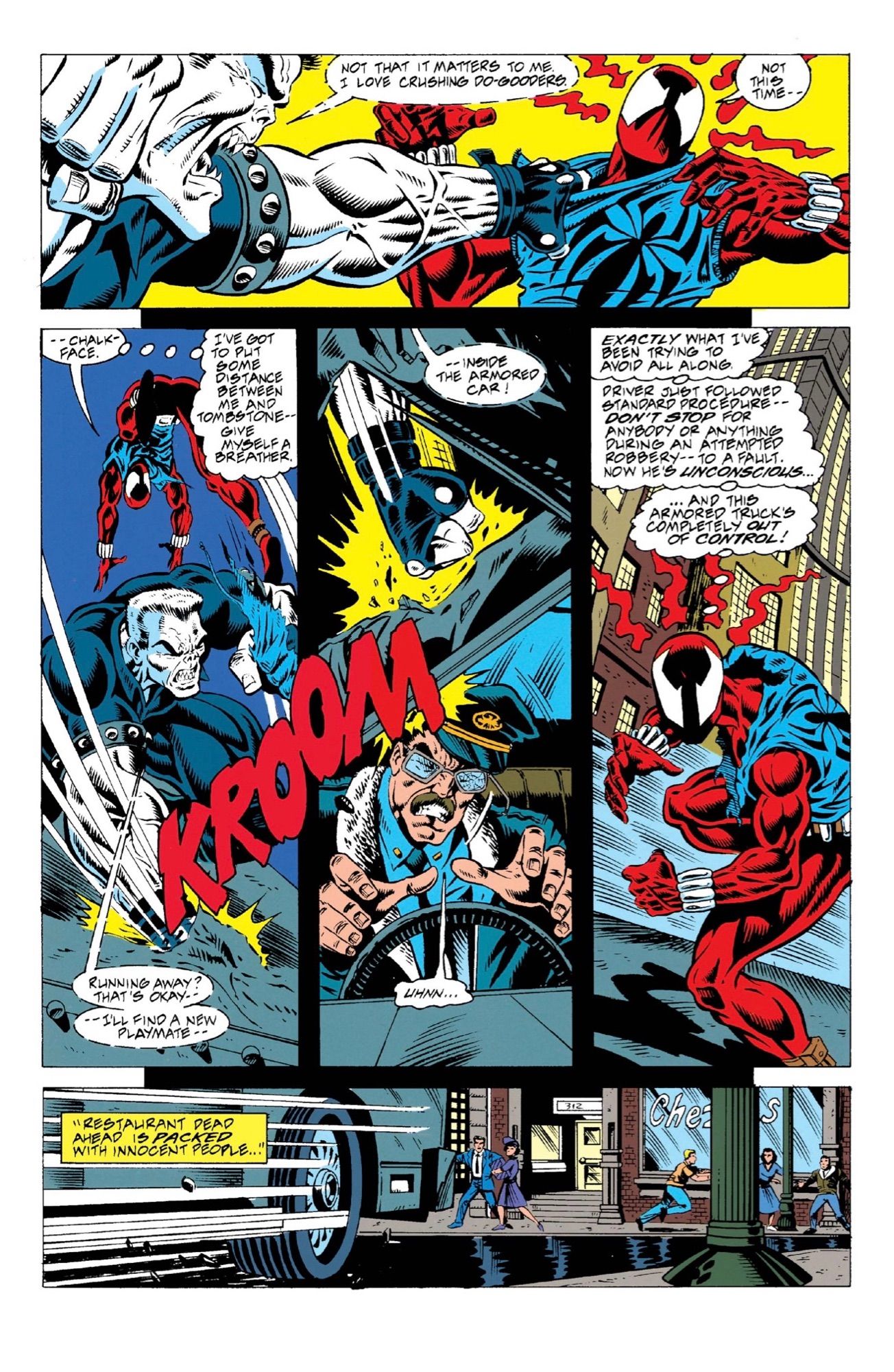 Tombstone and Scarlet Spider duke it out, but Spidey’s hoodie gets ripped apart in the fight!