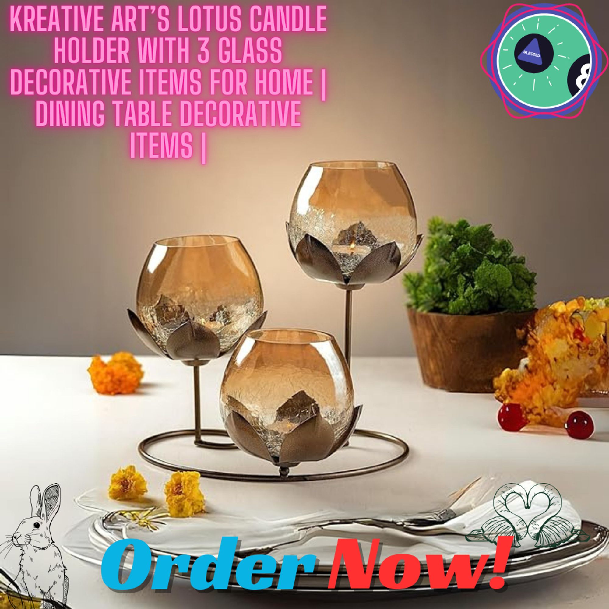 Presenting KREATIVE ART'S Lotus Flame Holder, an enrapturing expansion to your home stylistic theme assortment. Created with careful scrupulousness, this dazzling piece flaunts style and complexity, pursuing it an ideal decision for improving the feeling of any space. This Lotus Flame Holder comes enhanced with three gently planned glass improving things, each adding a bit of appeal and beauty to its general stylish. The lotus-motivated plan radiates a feeling of peacefulness and concordance, implanting your living space with a quiet mood. Ideal for enhancing eating tables, mantelpieces, or racks, this flame holder fills in as a striking highlight that easily raises any room's style. Its classical completion adds a rare charm, making an immortal allure that supplements many inside styles. Lift your home stylistic theme with KREATIVE ART'S Lotus Light Holder, including three glass enhancing things for a dash of polish. Ideal for improving feasting tables and filling in as a smart house