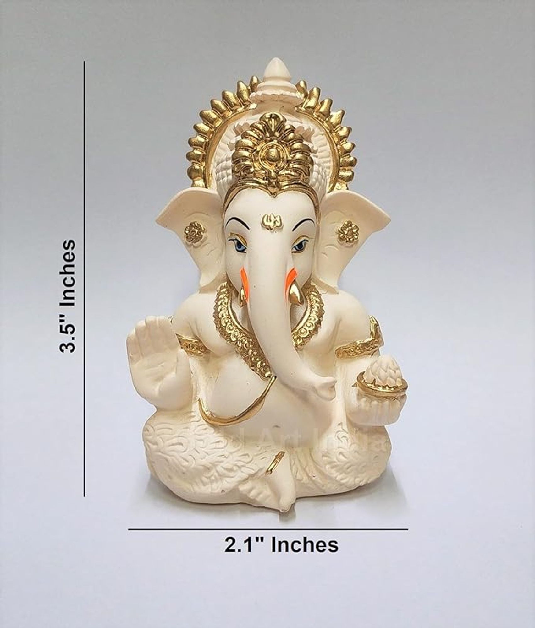 Presenting the Gold Workmanship India Peach Ivory Finish Ganesha Icon, a staggering piece of masterfulness ideal for embellishing your vehicle dashboard or improving your home stylistic layout. Made with careful detail and completed in a wonderful peach ivory tint, this Ganesha symbol radiates tastefulness and appeal. Remaining at 3.5 inches tall, it fills in as an effortless Diwali masterpiece or a smart gift for friends and family. With its flawless plan and representative importance, this icon catches the pith of otherworldliness and excellence, making it a loved expansion to any space.