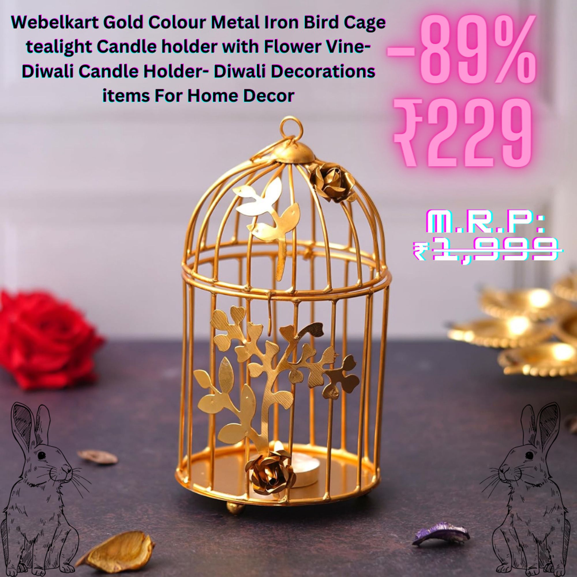 Presenting the Webelkart Gold Variety Metal Iron Bird enclosure Tealight Flame Holder, a flawless piece that adds a bit of class and appeal to your home style, particularly during Diwali festivities. Made with perplexing specifying, this light holder includes a bird enclosure configuration decorated with sensitive blossom plants, making a hypnotizing climate when enlightened by tealight candles. Whether put on a shelf, rack, or eating table, this Diwali improvement thing upgrades the bubbly soul and carries warmth to any space. Raise your home stylistic layout with this shocking piece from Webelkart, ideal for praising the celebration of lights in style.