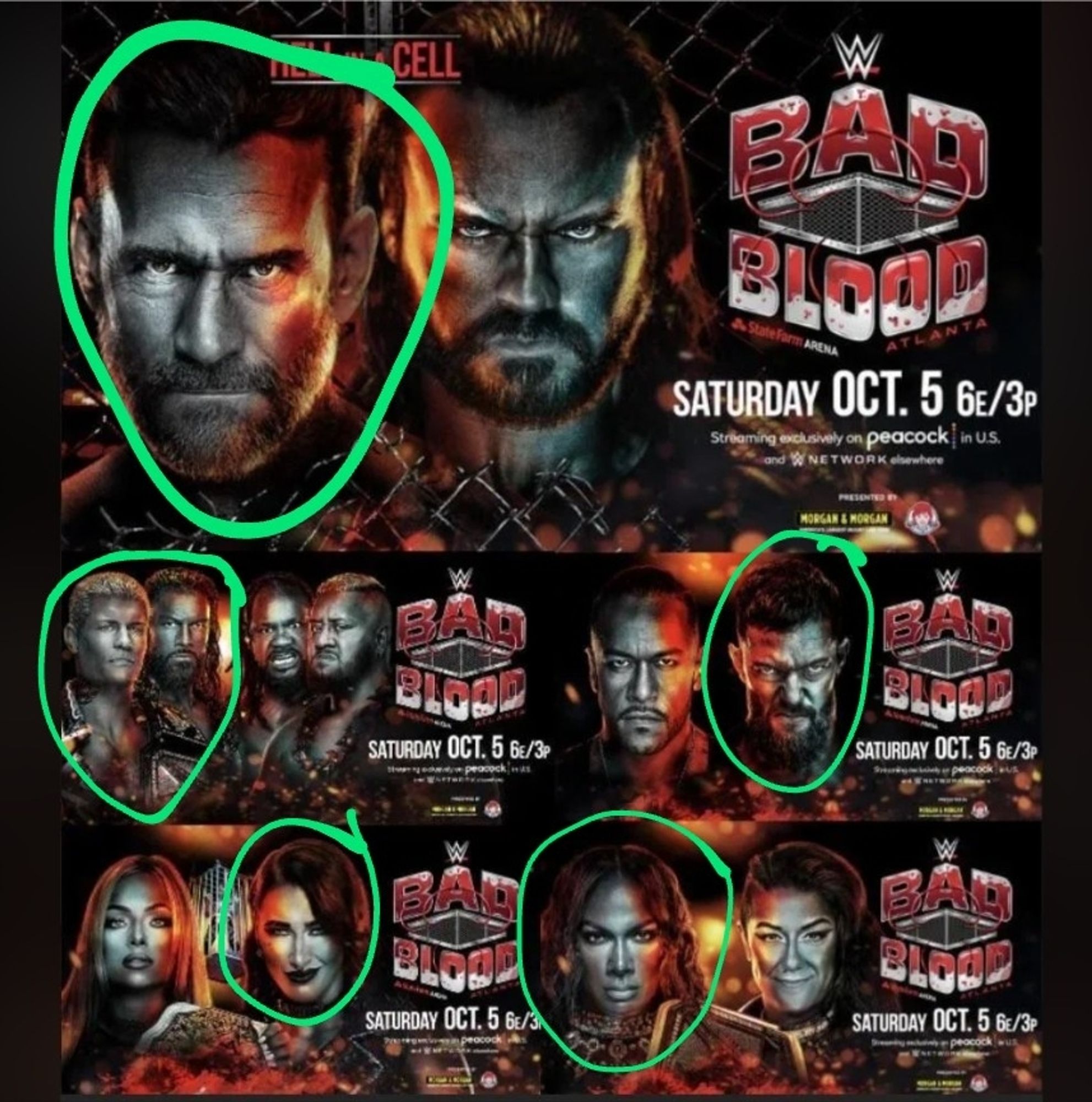 WWE Bad Blood match card with circles around the wrestlers I think/want to win.