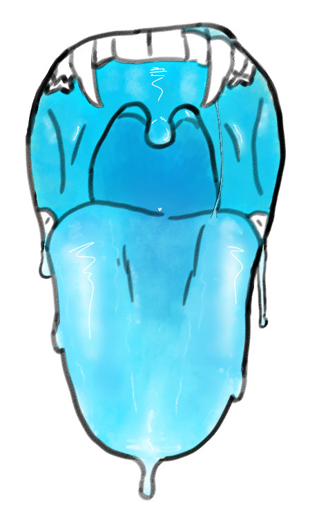 An open humanoid mouth, blue in color, with fangs and saliva dripping down.