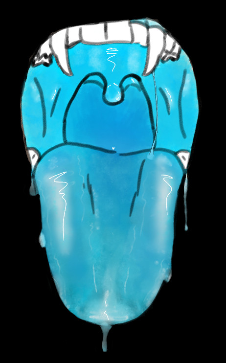 An open humanoid mouth, blue in color, with fangs and saliva dripping down. This one has transparency adjusted to be slightly see through on the tongue.