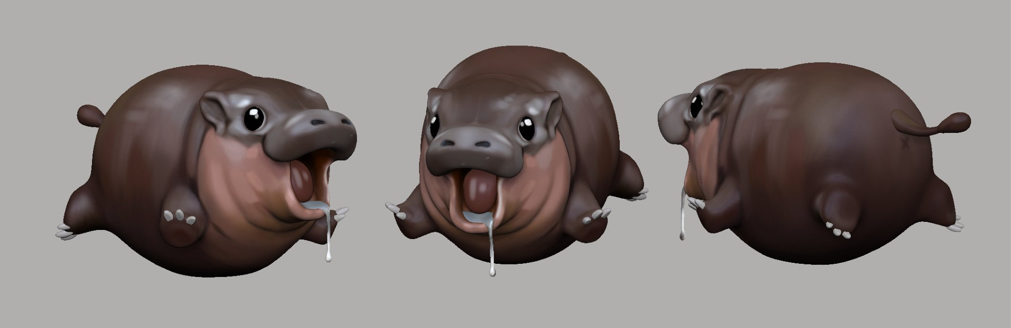 A 3D turnaround screenshot of Moo-deng, stylised to be round and plump. It lies on its stomach with it's limbs flailing out, drool drips from it's happy smile.