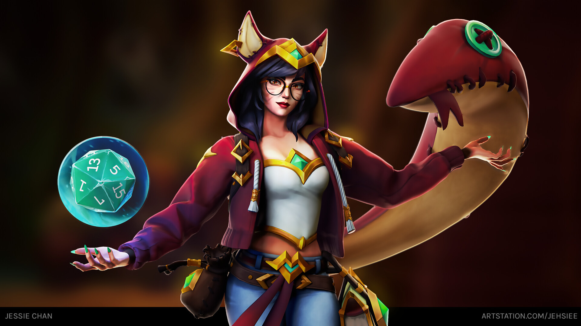 A 3D fanart render of Tabletop Ahri. She looks front on at the camera with a magical D20 in one hand and petting her snake-tail in the other.