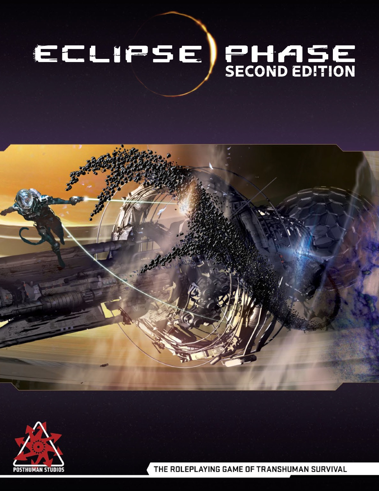 the Eclipse Phase Second Edition cover; a coiled nano swarm surrounds a space habitat, a lone transhuman floating in space attempts to fend them off.