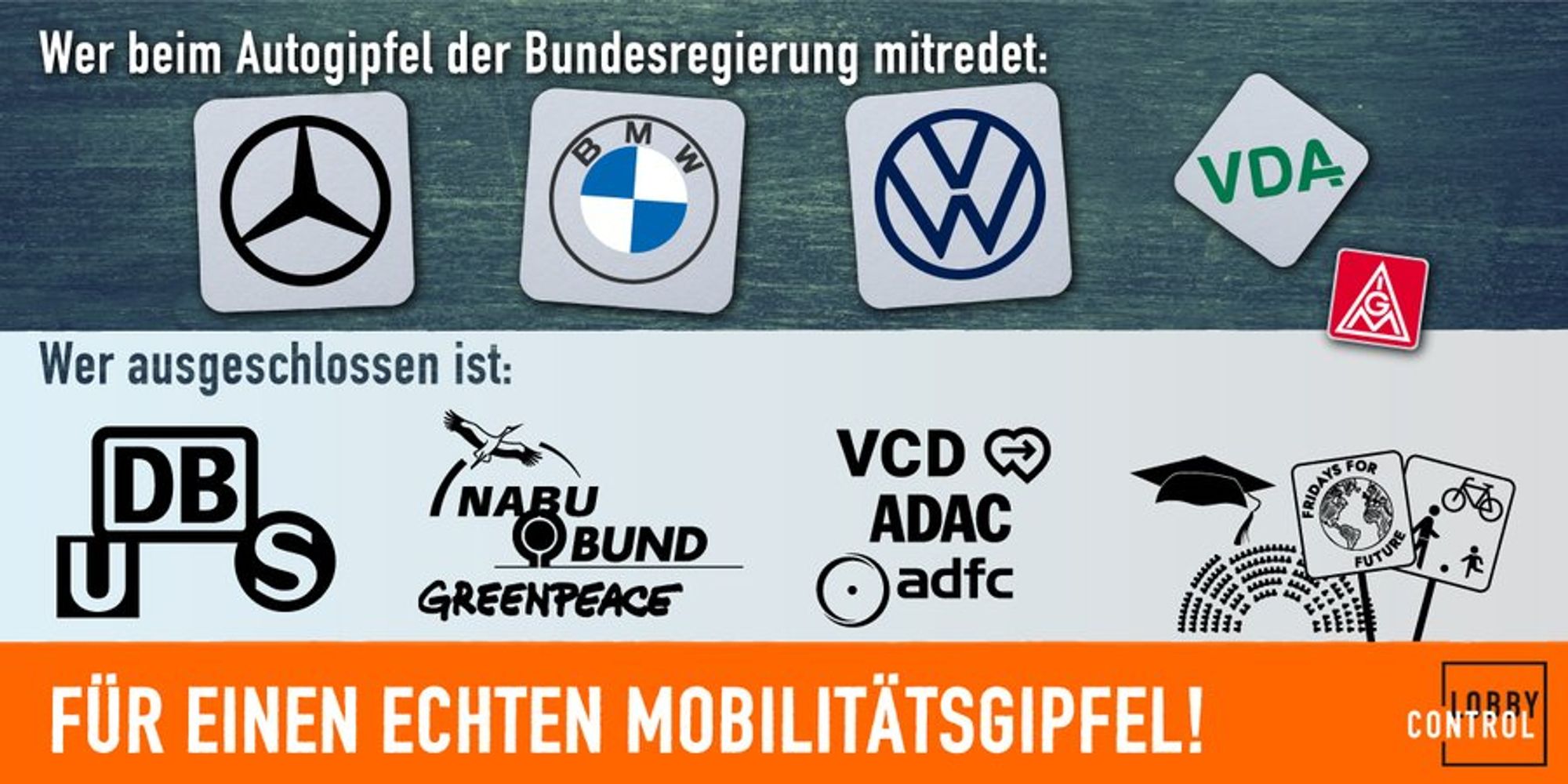 Grafik: Wer beim Autogipfel der Bundesregierung mitredet: Logos von Mercedes, BMW, VW, VDA und IG Metall. Wer ausgeschlossen ist: Logos von DB, NABU, BUND, Greenpeaxe, VCD, ADAC, ADFC, Wissenschaft, Bundestag, Klimabewegung, Bürgerinitiativen