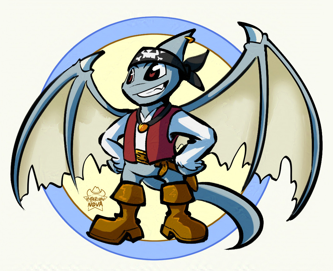 a pirate Shoyru from Neopets with an eager expression. He is wearing a black skull bandana, an ear ring, vest, belt and boots, wearing a medal around his neck.