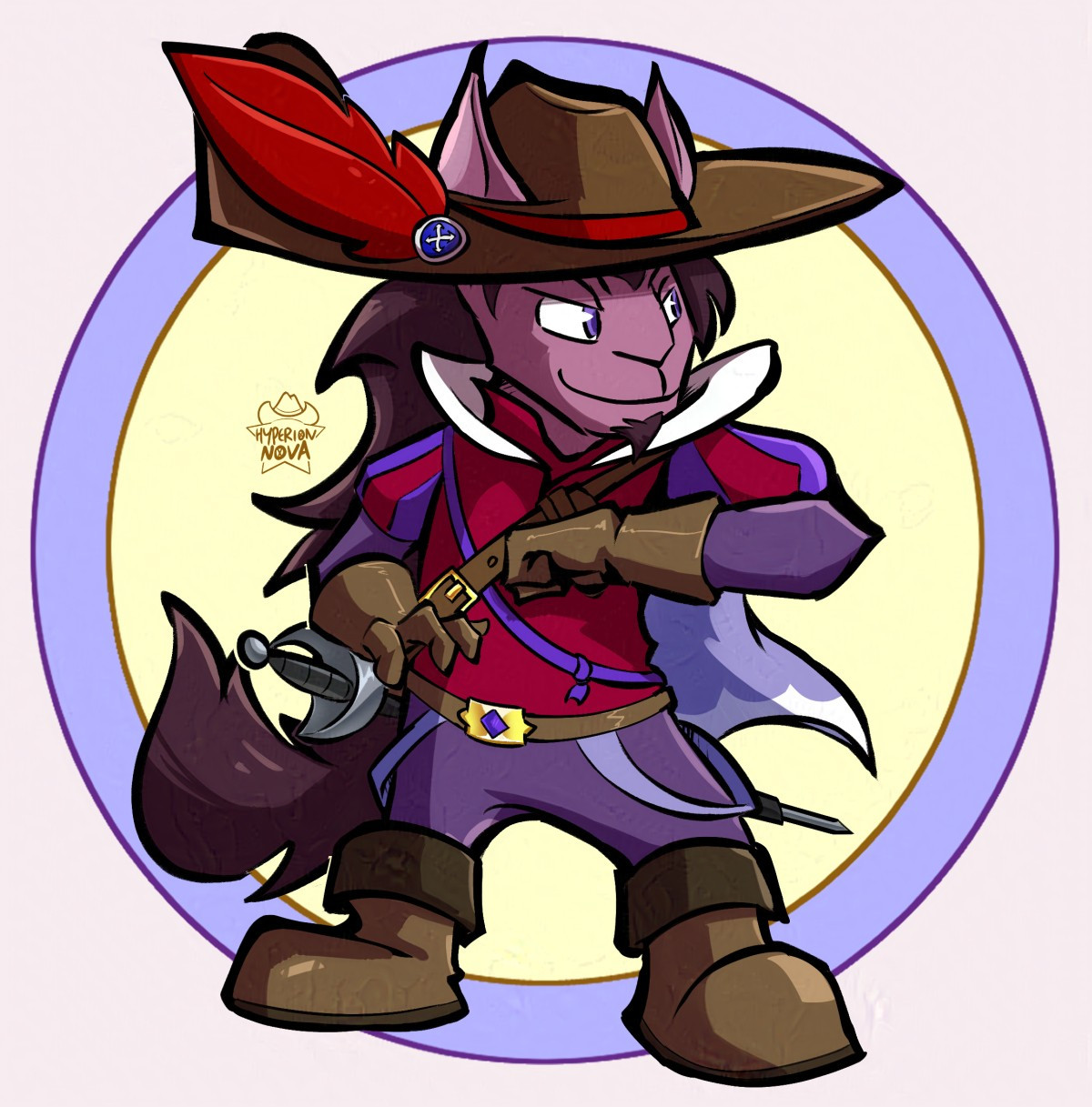 a royal boy Kyrii from Neopets, wearing a large hat with a feather attached on the side. He has a sword on his side and wearing red and purple clothing, as well as gloves and boots.