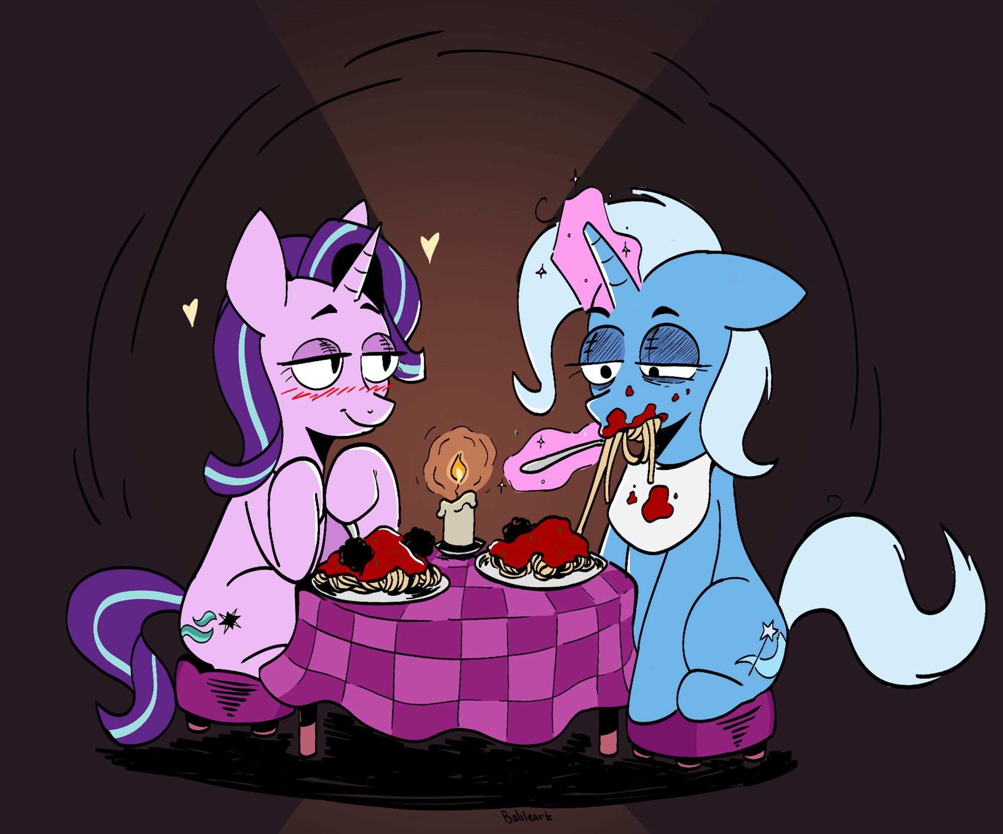 Trixie Lulamoon and Starlight Glimmer dine by candle light some pasta. Starlight is looking lovingly while Trixie sloppily consumes her spaghetti