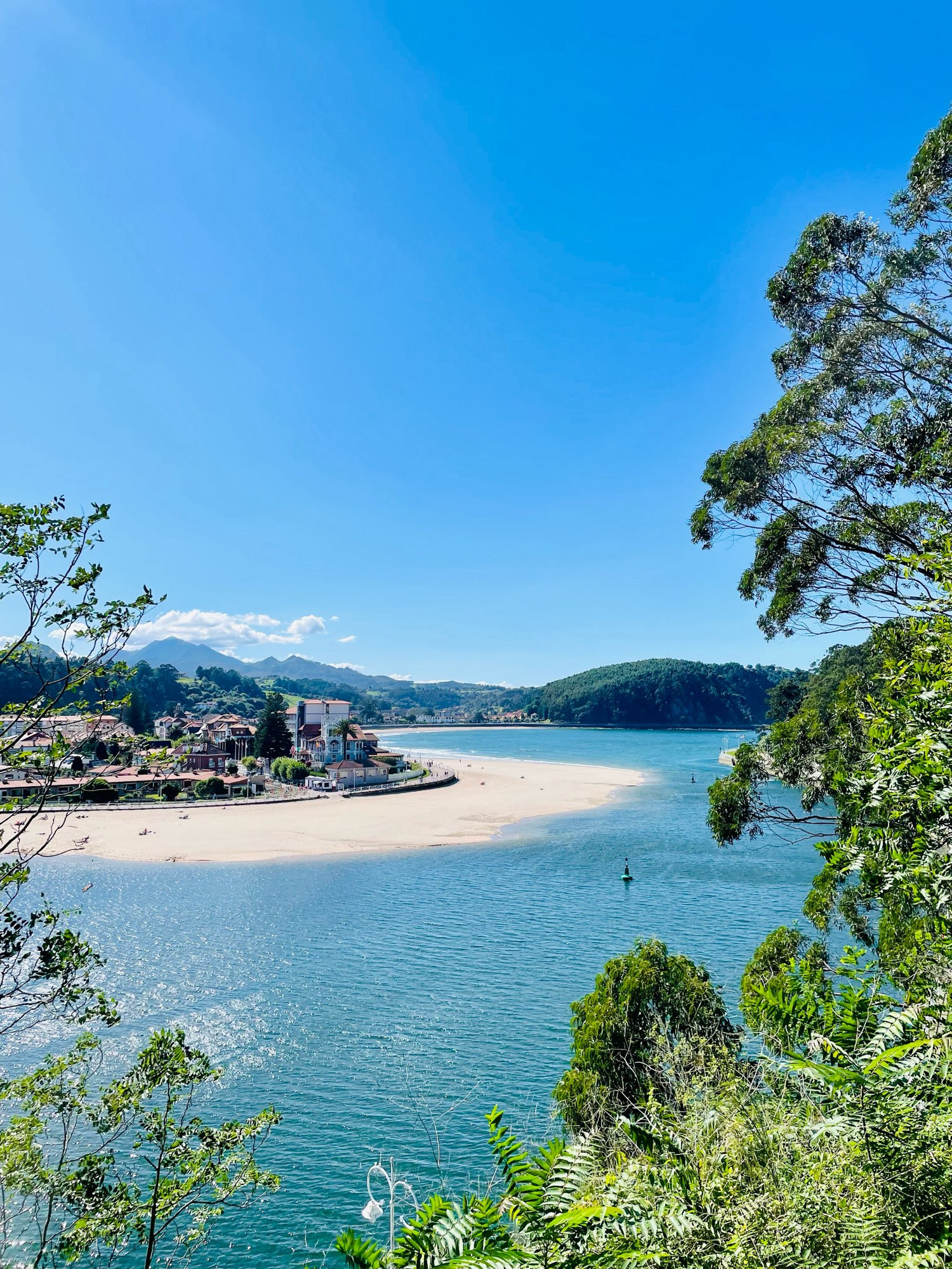 Vantage point of the fishing town of Ribadesella, carved in half by the mouth of the Sella river and fronted on the west side by the golden Playa de Santa Marina (beach). It’s set against the green-clad backdrop of the Picos de Europa mountains in the distance.