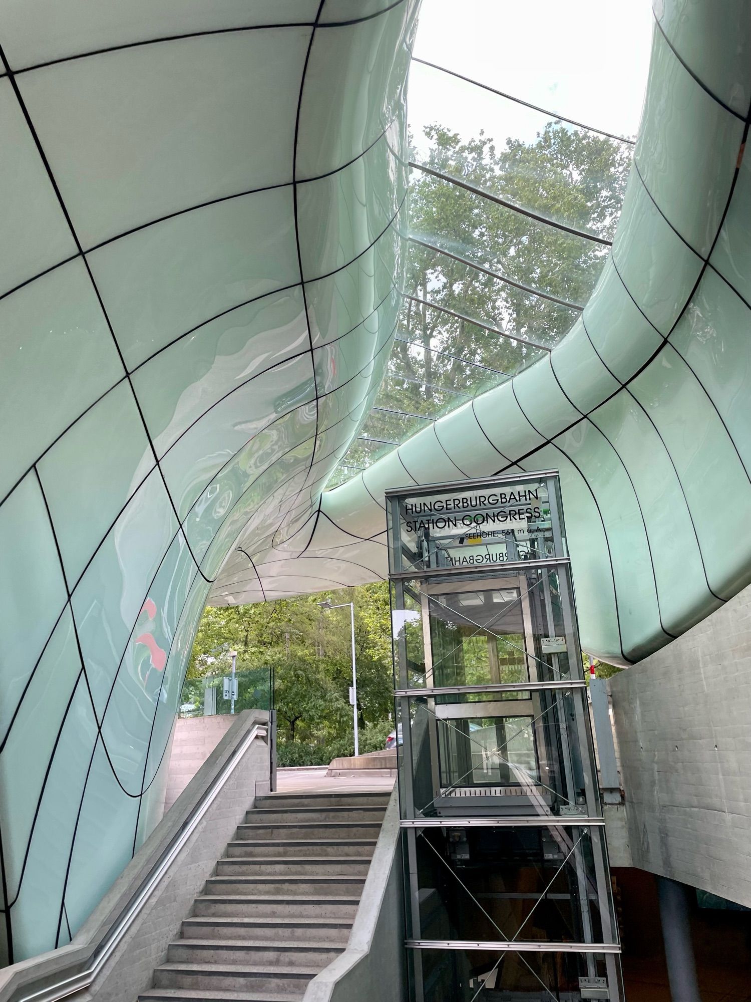 Inside of the avant-garde design of one of the three main Innsbruck Nordkettenbahnen cable car stations.