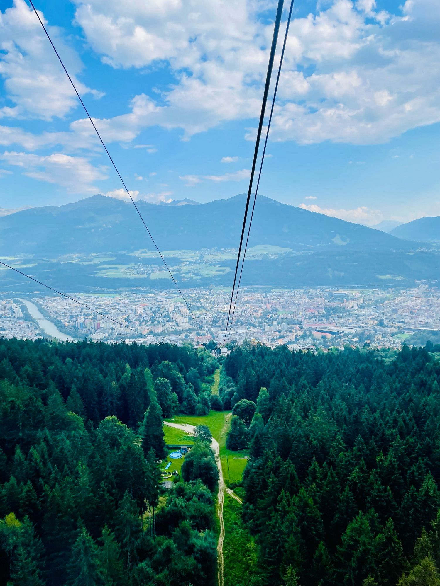 View from the cable car across the treetops and up towards the mountains.