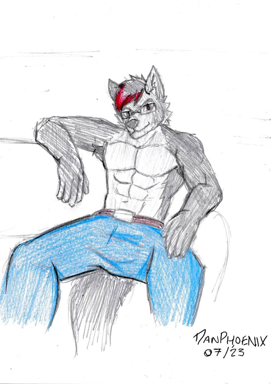 A colored sketch of a muscular anthro wolf reclining on a couch. The wolf has grey fur, red-dyed head hair, and a relaxed expression. He is shirtless and wears blue jeans. His right arm is draped over the back of the couch, as his left hand rests casually on his thigh. 